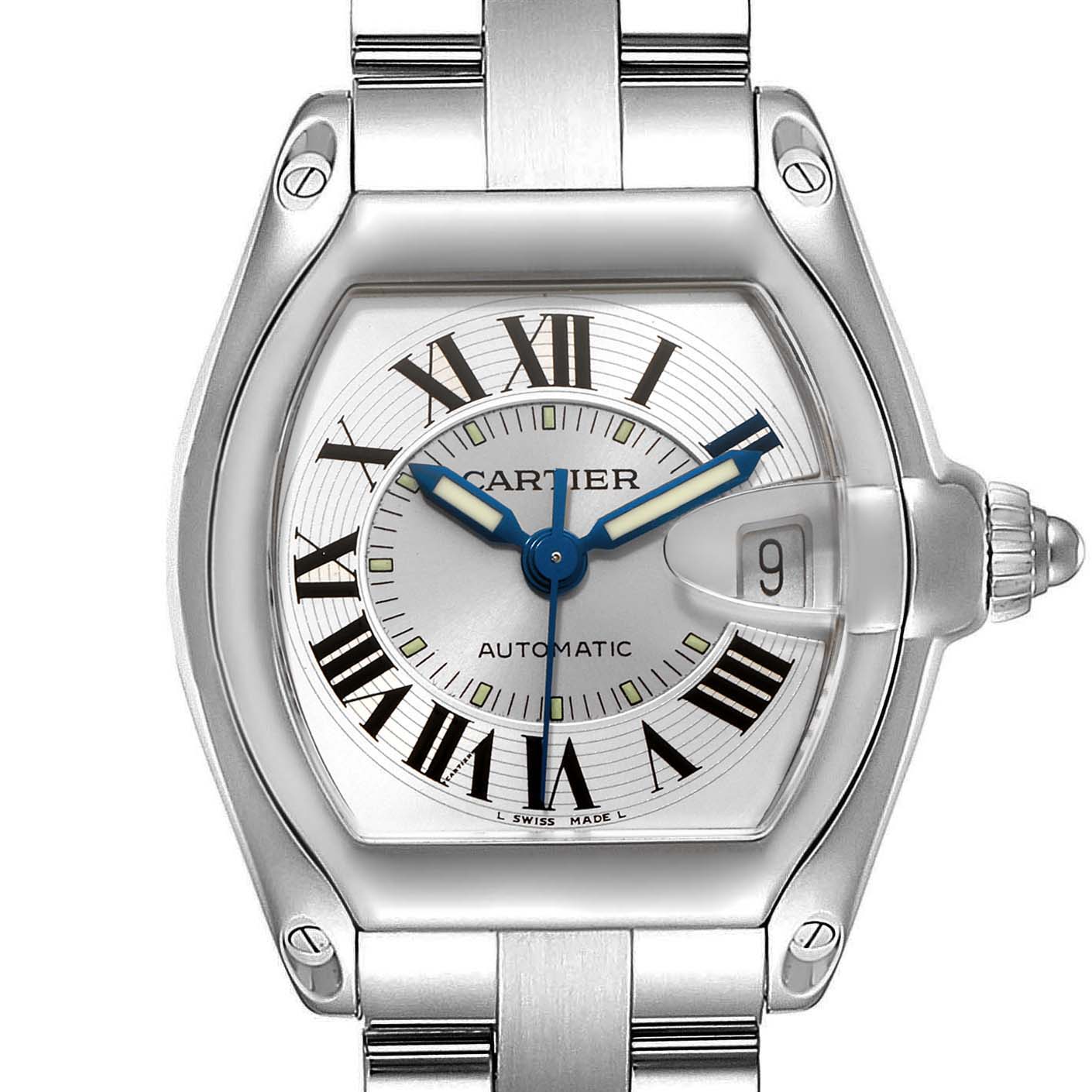 The image shows a front view of the Cartier Roadster W62000V3 Men
s Stainless Steel Silver Dial W62000V3 Men
s Stainless Steel Silver Dial watch, displaying the dial, hands, and part of the bracelet.