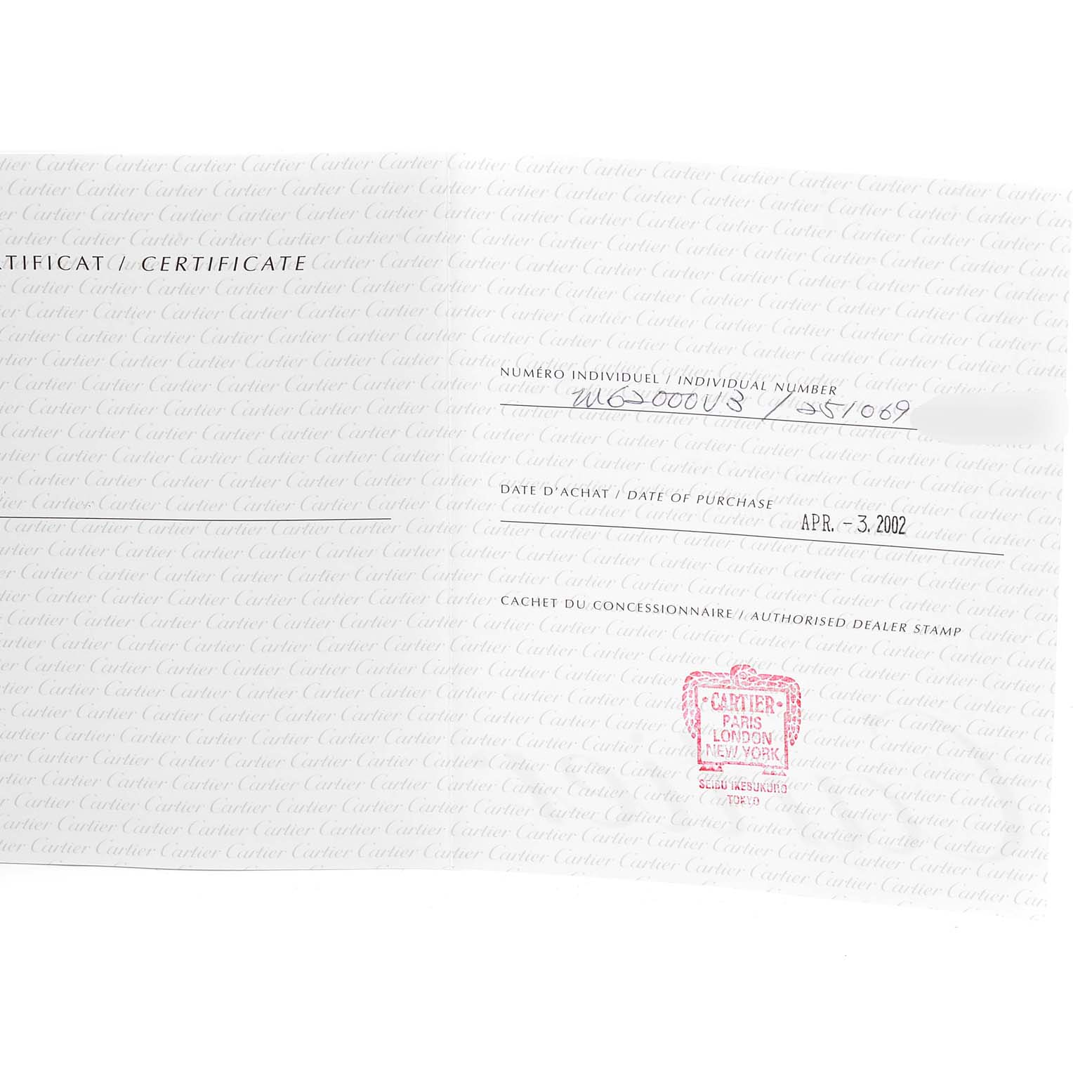 The image shows a certificate for the Cartier Roadster W62000V3 Men
s Stainless Steel Silver Dial W62000V3 Men
s Stainless Steel Silver Dial watch model, featuring individual number and date of purchase.