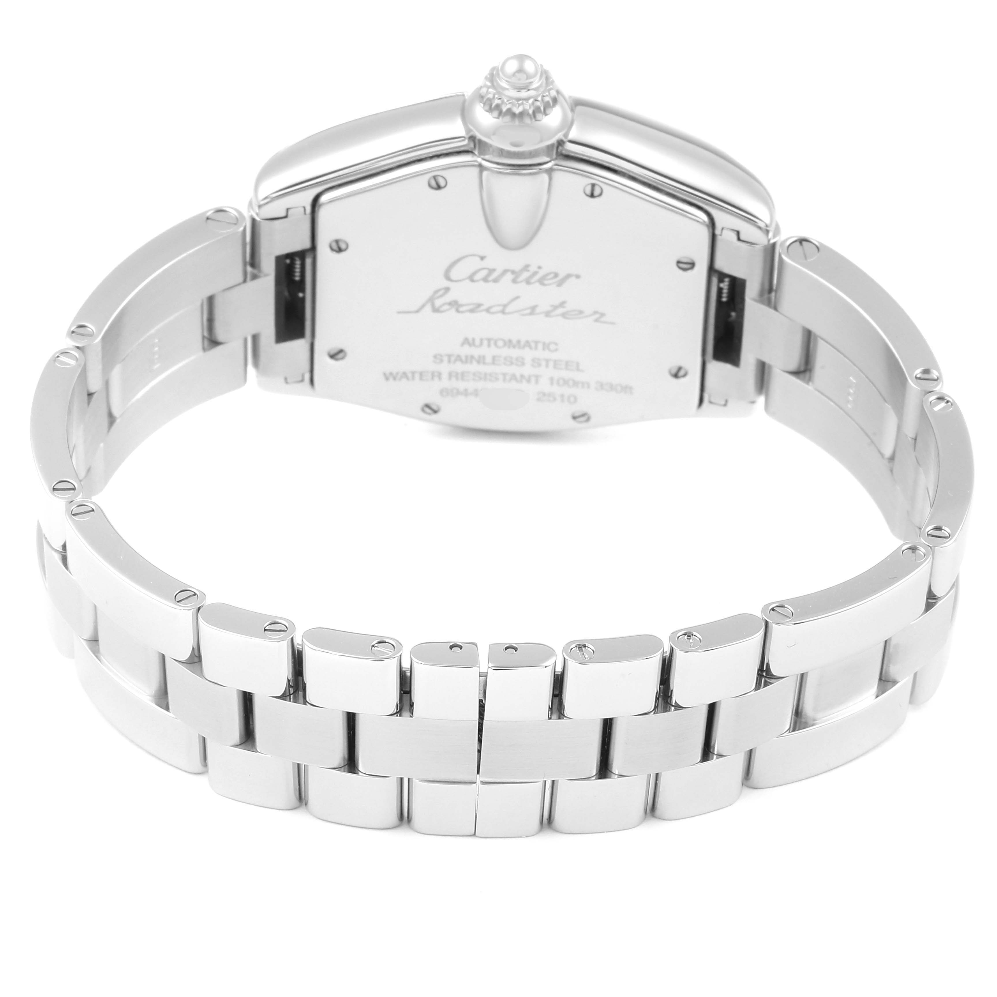 The image shows the back view of the Cartier Roadster W62000V3 Men
s Stainless Steel Silver Dial W62000V3 Men
s Stainless Steel Silver Dial watch, highlighting its stainless steel case and bracelet.
