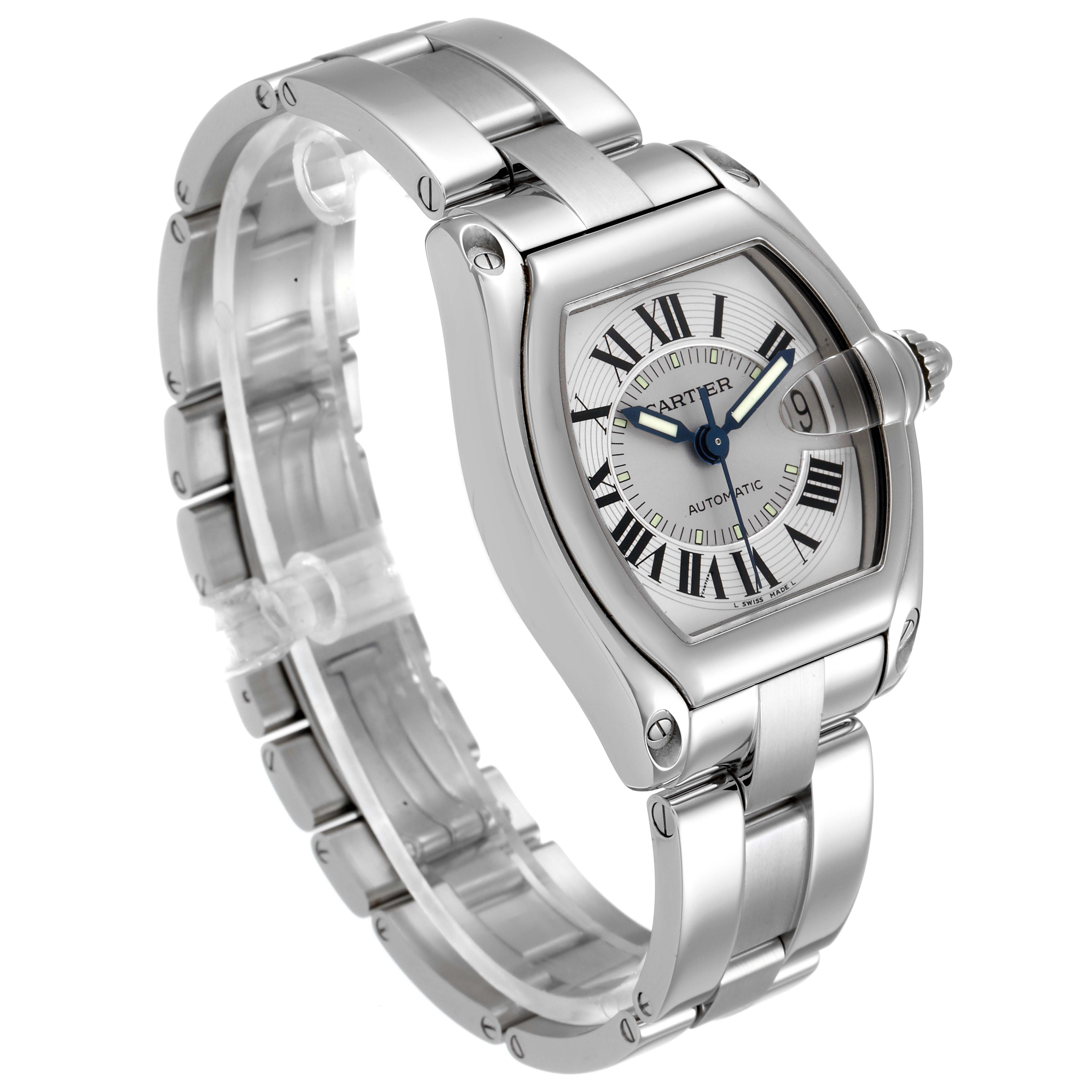 The Cartier Roadster W62000V3 Men
s Stainless Steel Silver Dial W62000V3 Men
s Stainless Steel Silver Dial watch is shown at a three-quarter angle, highlighting the face, bracelet, and crown.