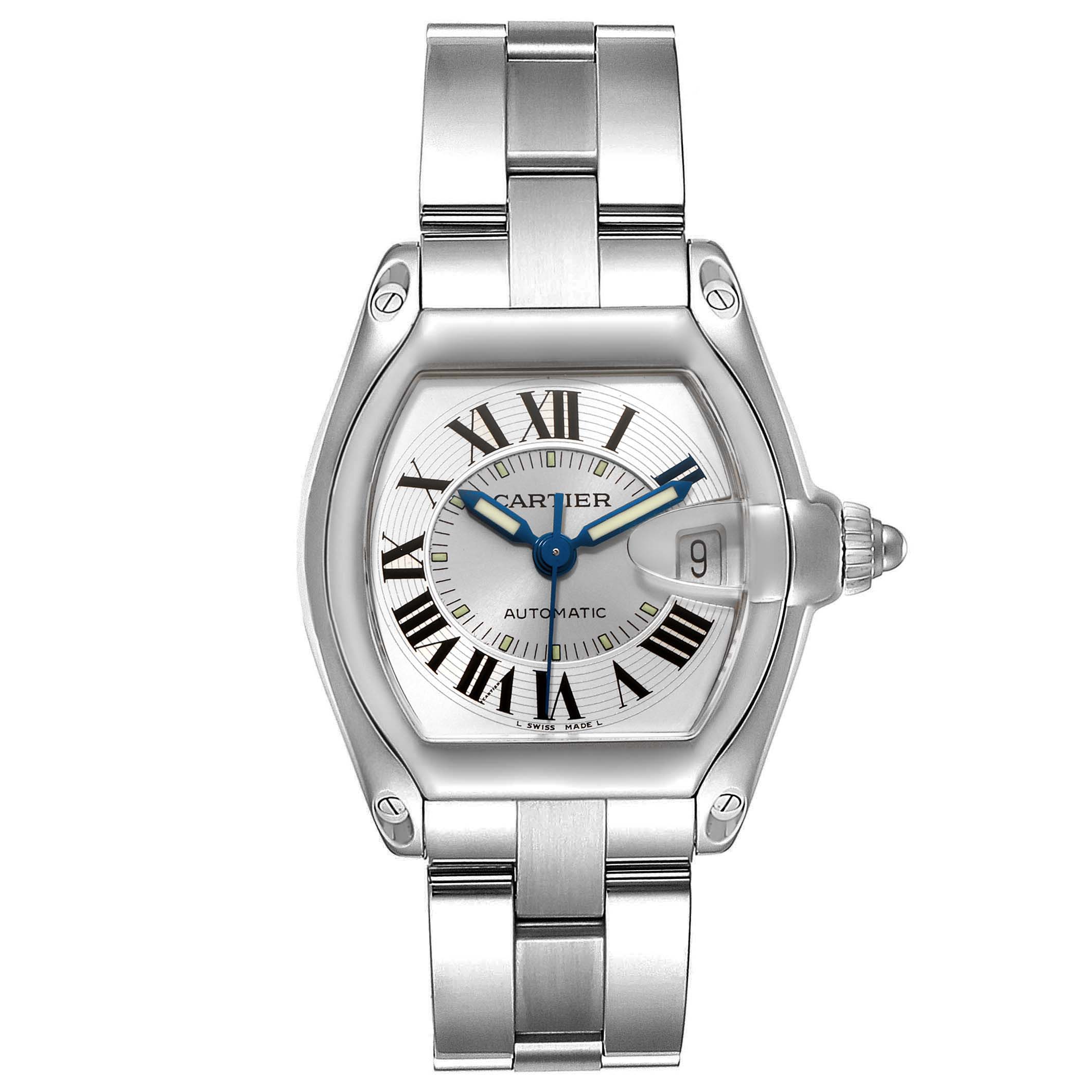 The image shows a front view of the Cartier Roadster W62000V3 Men
s Stainless Steel Silver Dial W62000V3 Men
s Stainless Steel Silver Dial watch, highlighting the dial, bracelet, and distinctive crown.