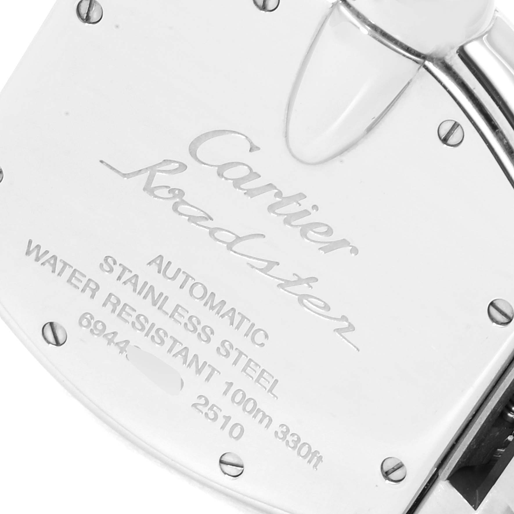 The image shows the back case of a Cartier Roadster W62000V3 Men
s Stainless Steel Silver Dial W62000V3 Men
s Stainless Steel Silver Dial watch, displaying specifications and branding.
