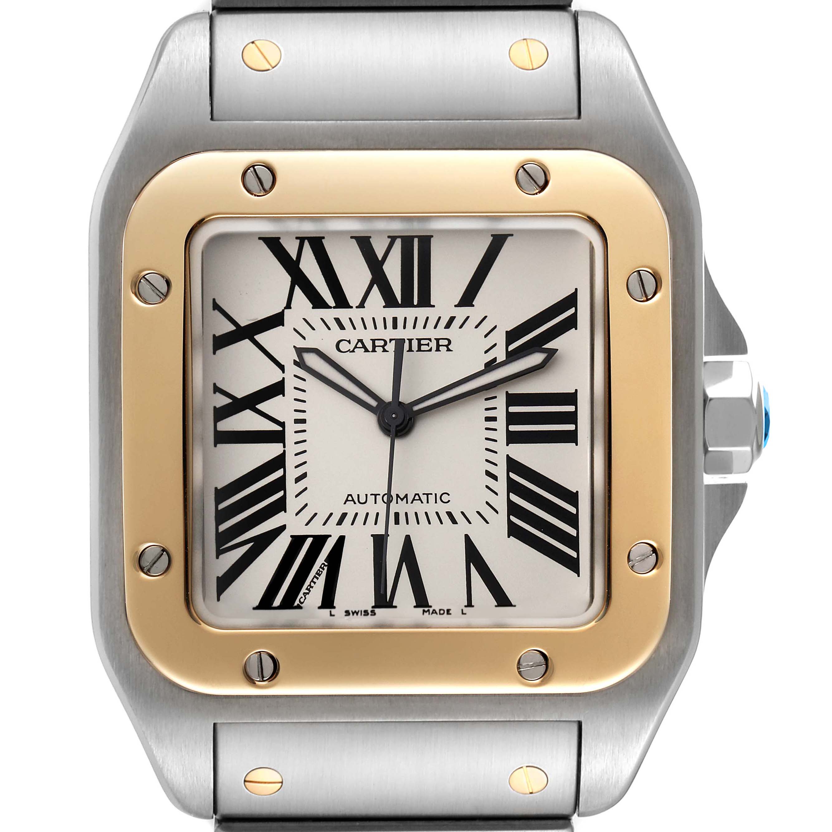 This image shows a front view of a Cartier Santos W200728G Men's Steel and Gold (two tone) Silver Dial W200728G Men's Steel and Gold (two tone) Silver Dial watch, displaying its dial, bezel, and part of the bracelet.