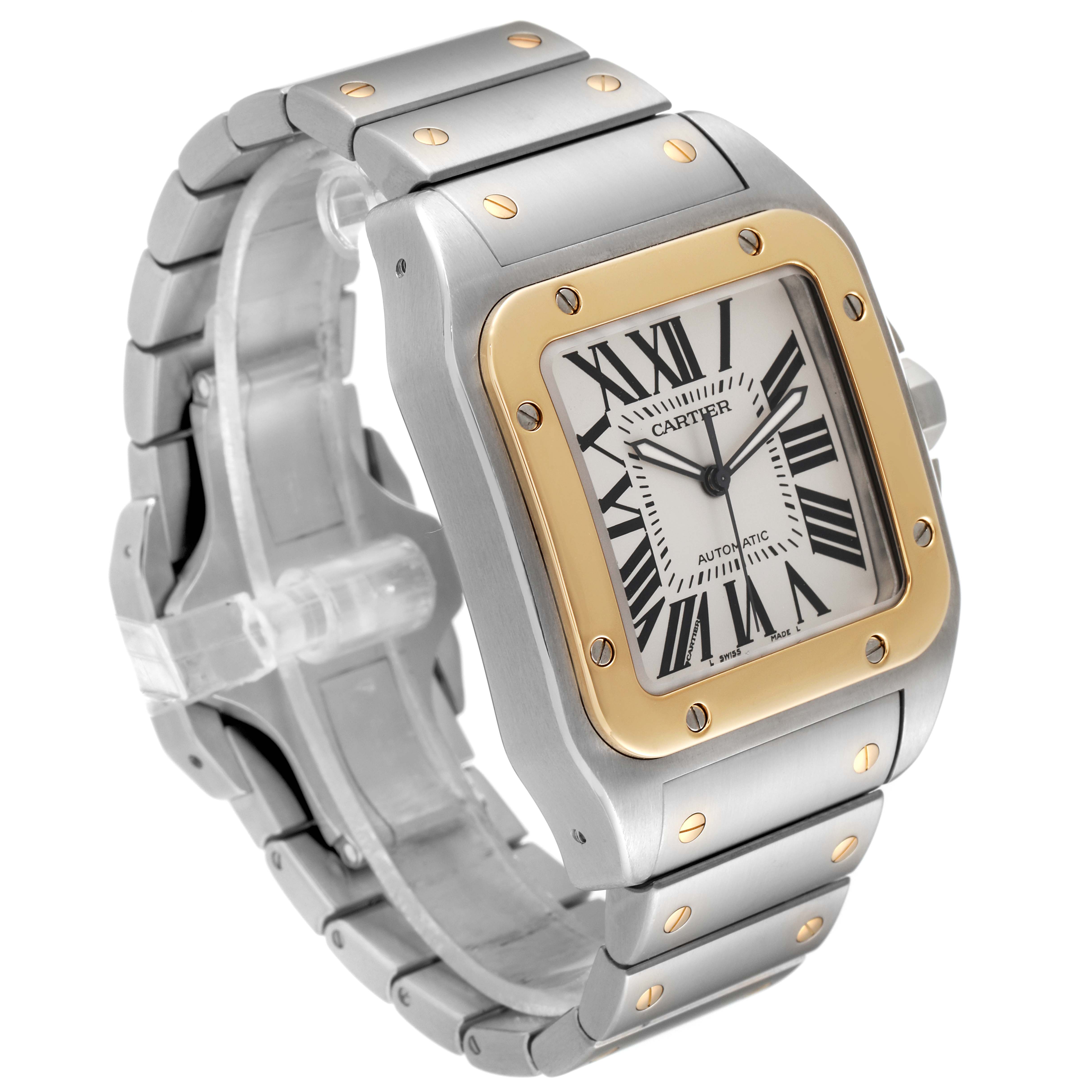 The image shows a Cartier Santos W200728G Men's Steel and Gold (two tone) Silver Dial W200728G Men's Steel and Gold (two tone) Silver Dial watch from a three-quarter angle, highlighting its bracelet, bezel, and face with Roman numerals.