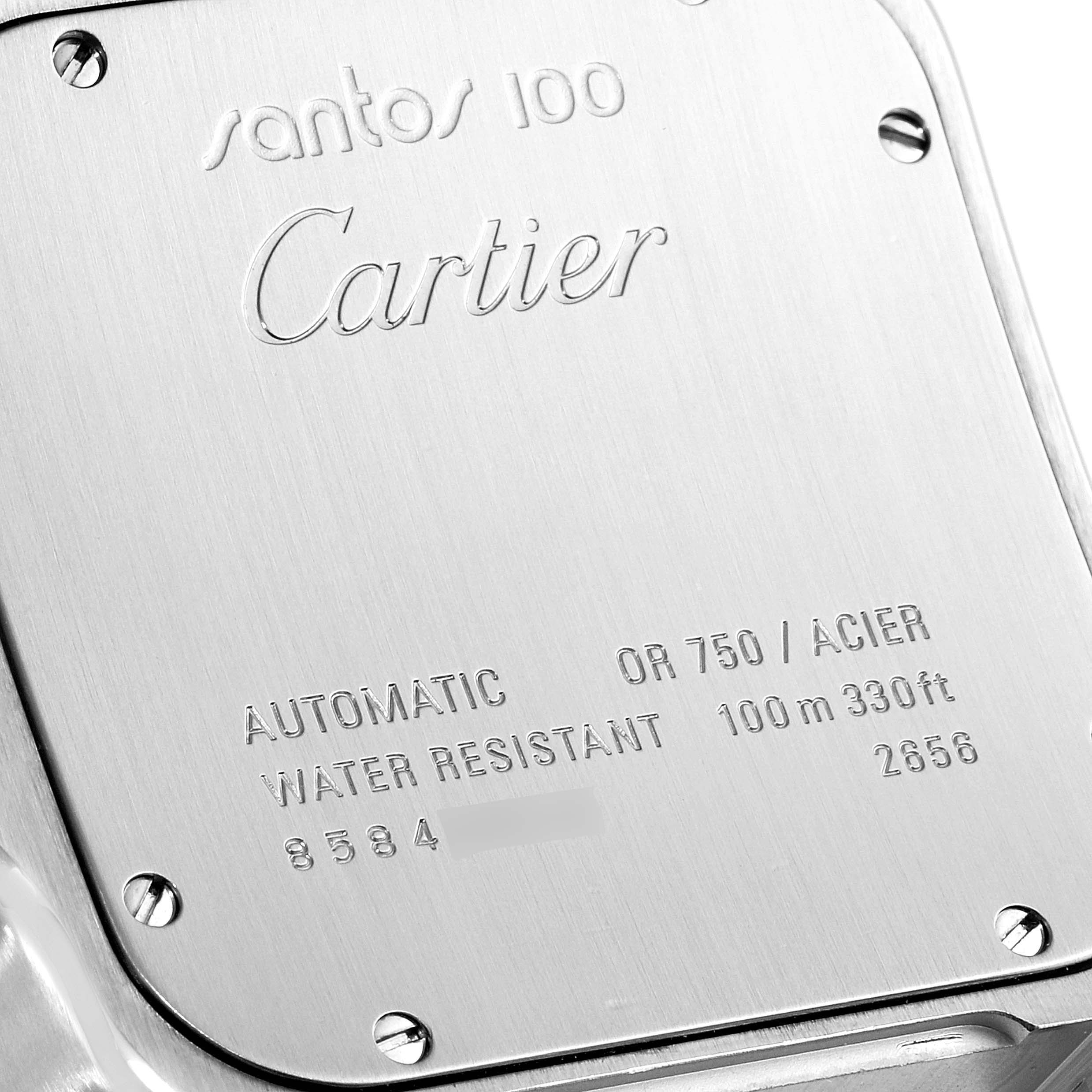The image shows the back case of the Santos 100 model watch by Cartier, featuring its specifications.