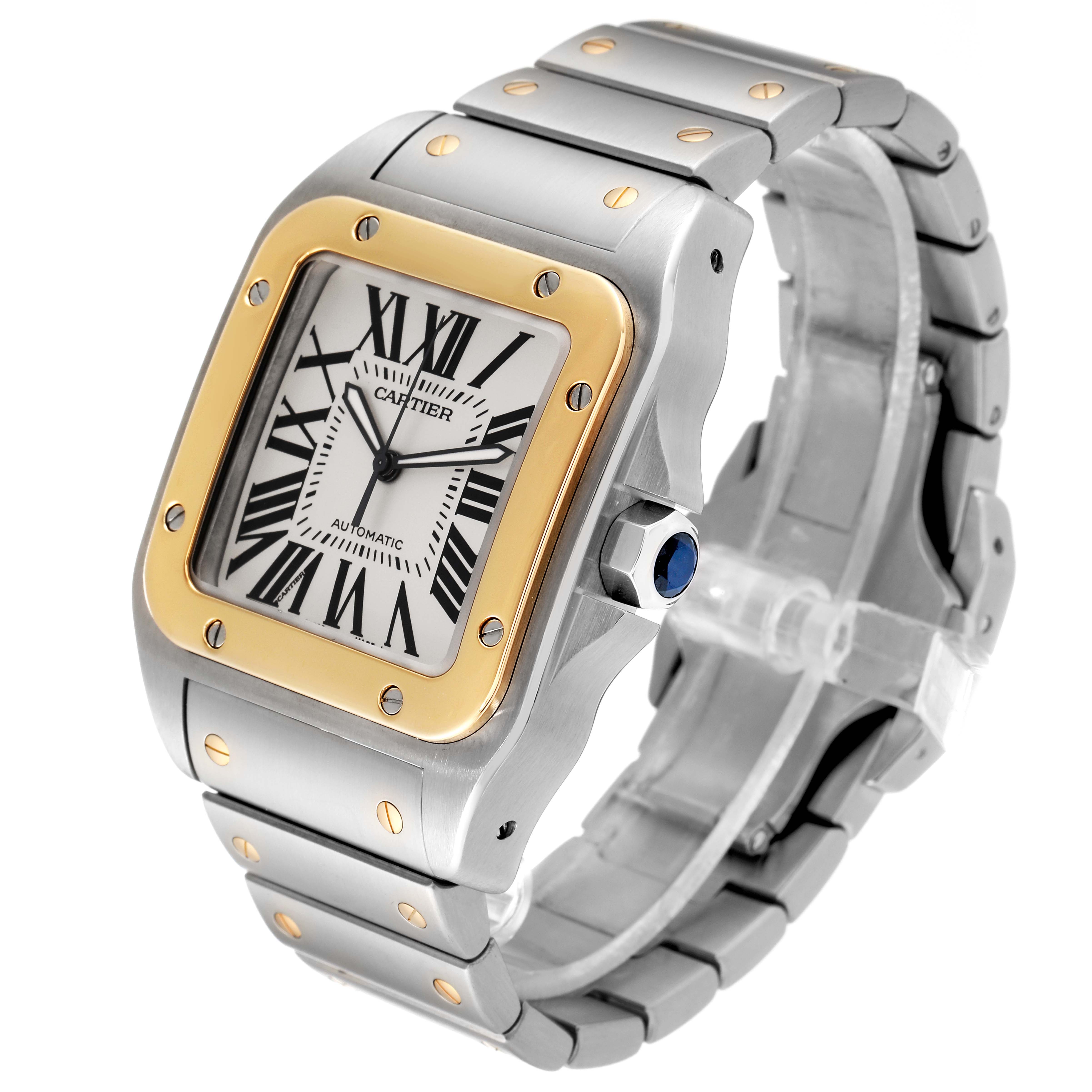 The image shows a Cartier Santos W200728G Men's Steel and Gold (two tone) Silver Dial W200728G Men's Steel and Gold (two tone) Silver Dial watch, consisting of the face, bezel, crown, and bracelet, from a three-quarter front angle.
