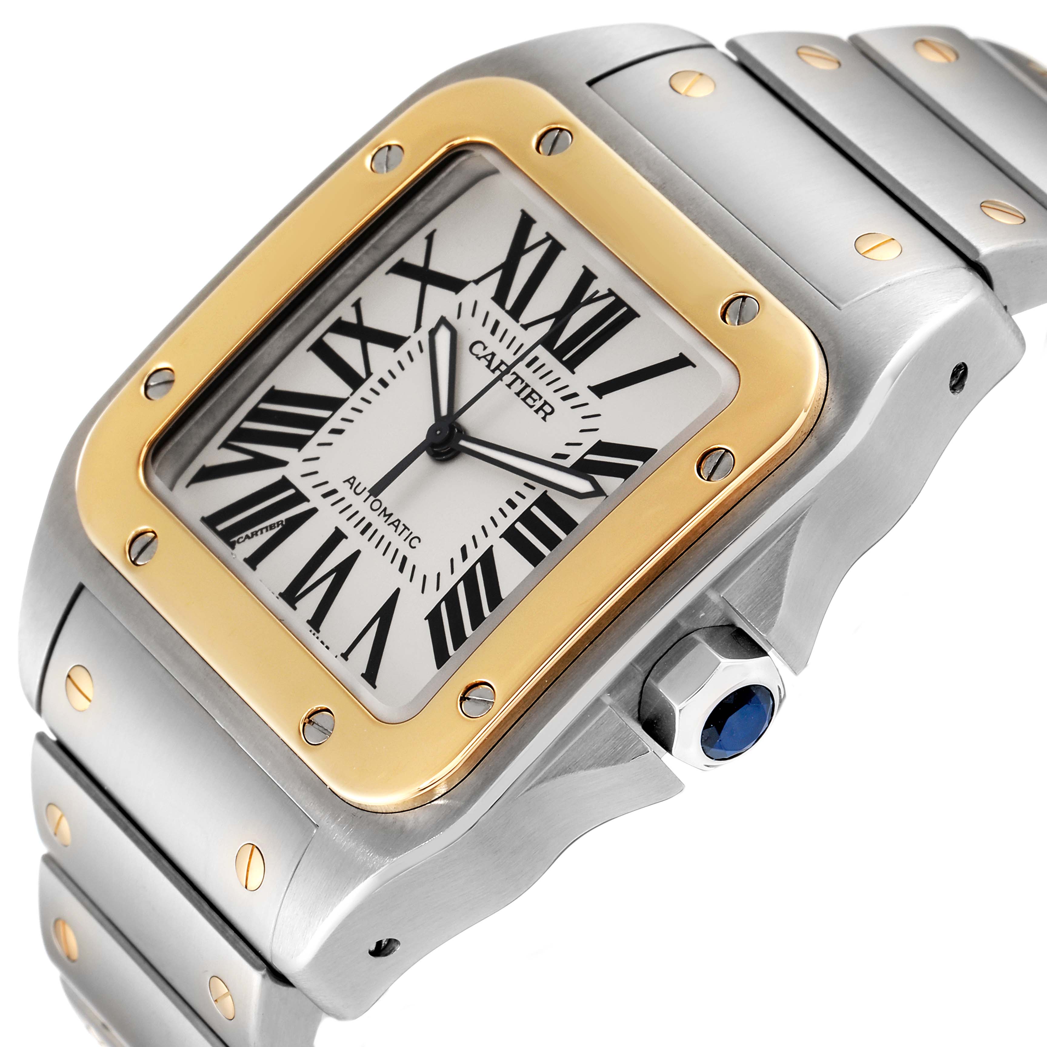 The image shows a Cartier Santos W200728G Men's Steel and Gold (two tone) Silver Dial W200728G Men's Steel and Gold (two tone) Silver Dial watch from an angled close-up, highlighting its dial, gold bezel, and part of the bracelet.