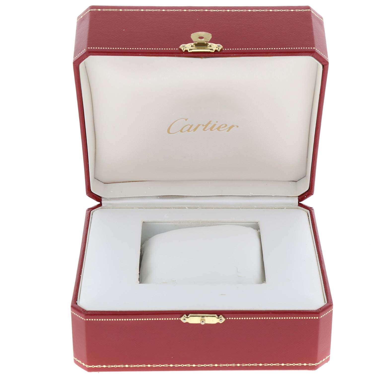 The image shows an open red Cartier watch box for the Santos model, displaying its interior and cushion.