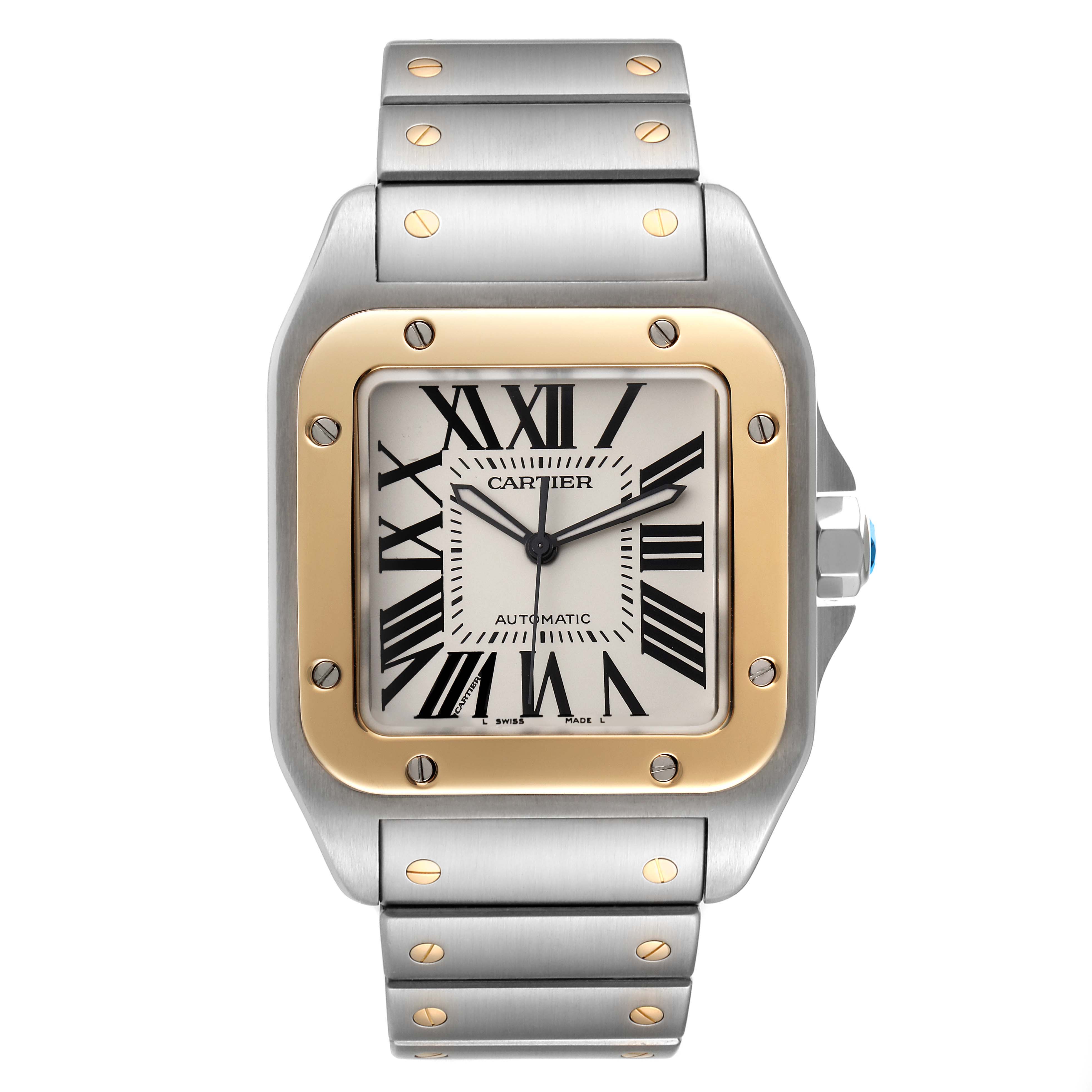 The image shows a front view of a Cartier Santos W200728G Men's Steel and Gold (two tone) Silver Dial W200728G Men's Steel and Gold (two tone) Silver Dial model watch, highlighting its dial, bezel, and bracelet.
