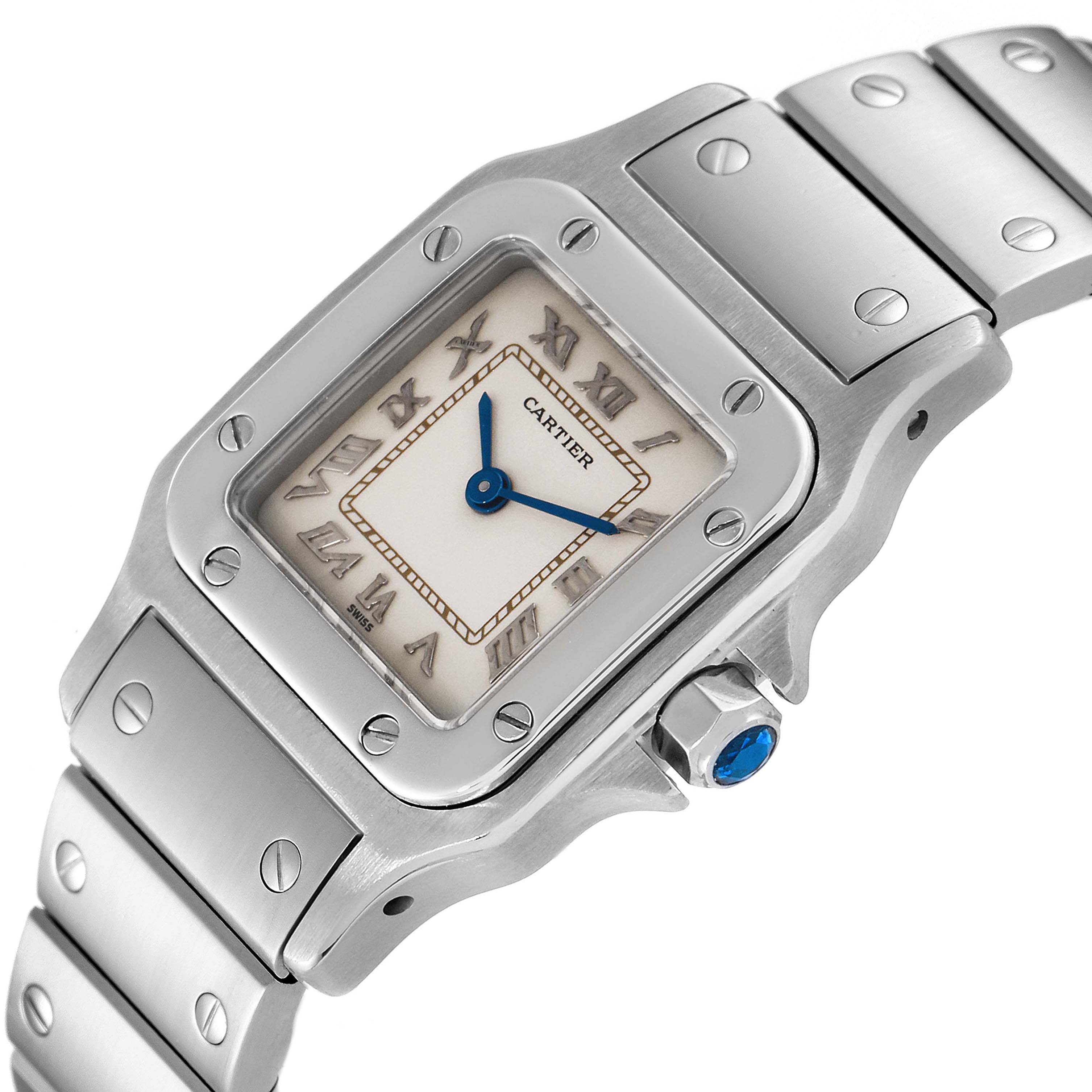 The image shows a close-up angle of the Cartier Santos 1565 Women's Stainless Steel Silver Dial 1565 Women's Stainless Steel Silver Dial watch face, bezel, crown, and part of the bracelet.