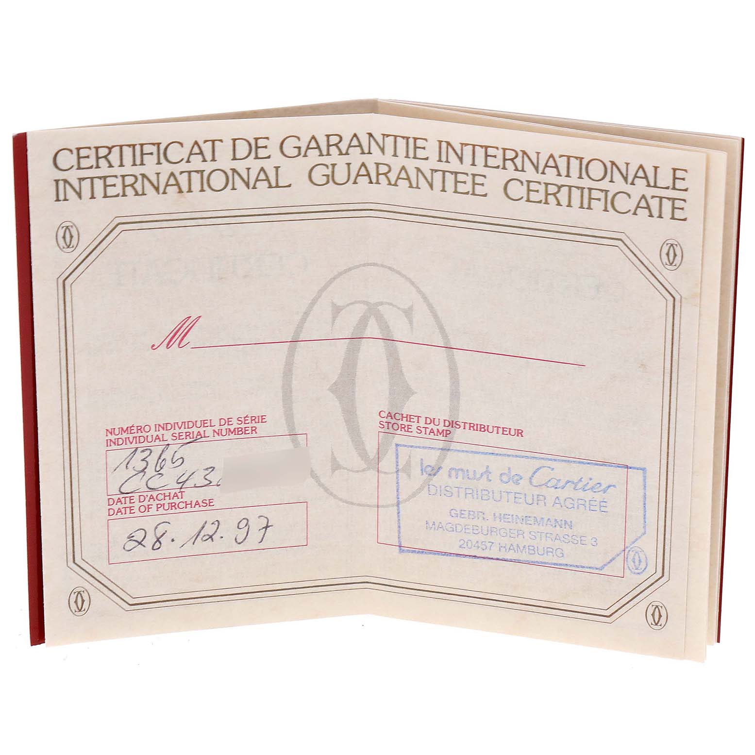 This image shows the International Guarantee Certificate for a Santos model watch by Cartier.