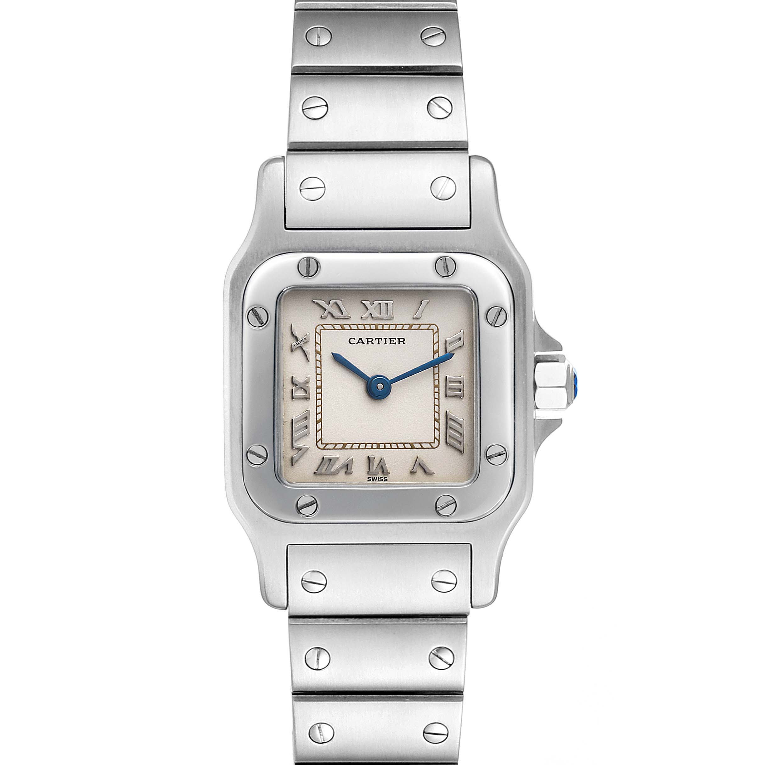 The image shows a front view of a Cartier Santos 1565 Women's Stainless Steel Silver Dial 1565 Women's Stainless Steel Silver Dial watch displaying the face, bezel, and metal bracelet.