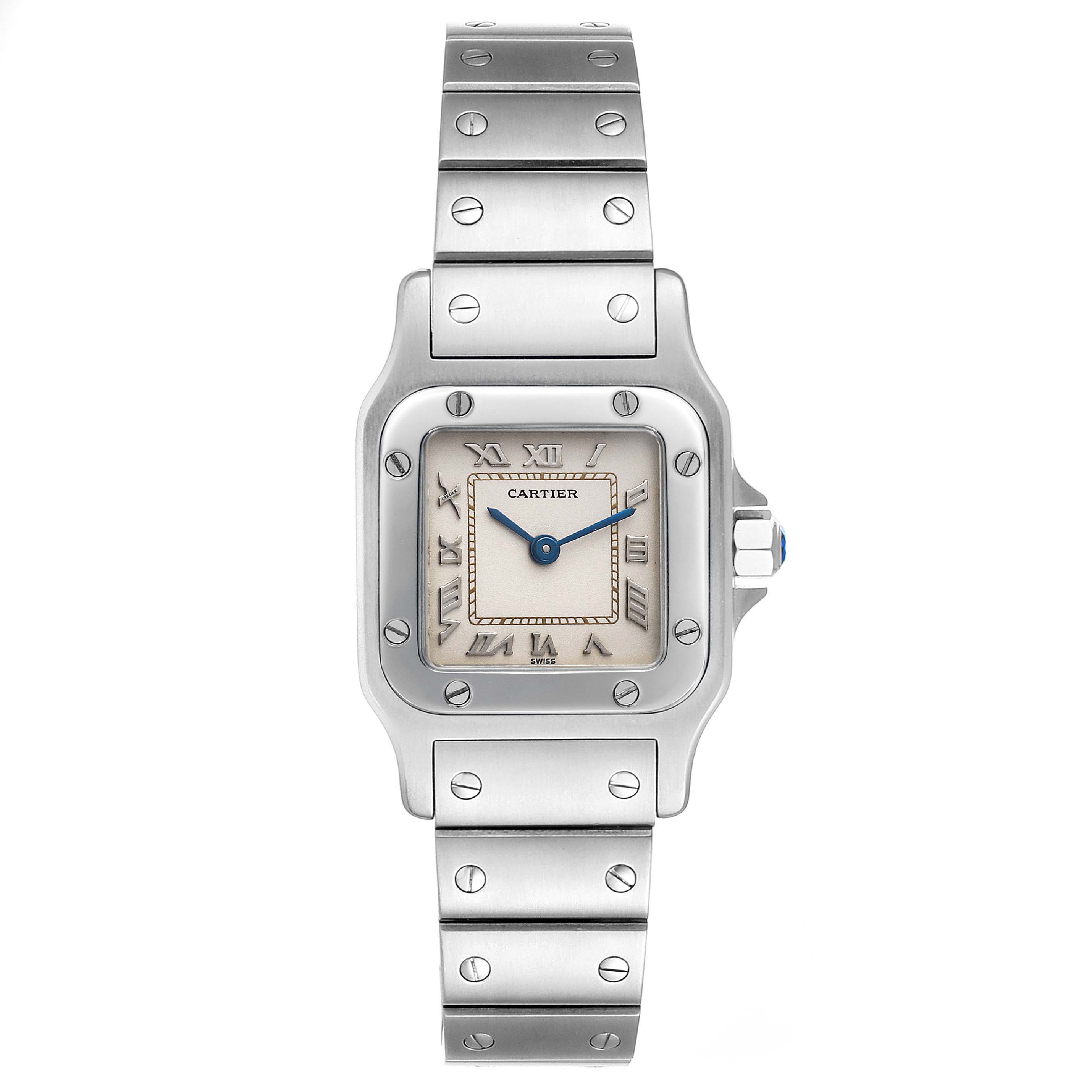 The image shows a frontal view of the Cartier Santos 1565 Women's Stainless Steel Silver Dial 1565 Women's Stainless Steel Silver Dial watch, displaying its face, bezel, and part of its bracelet.