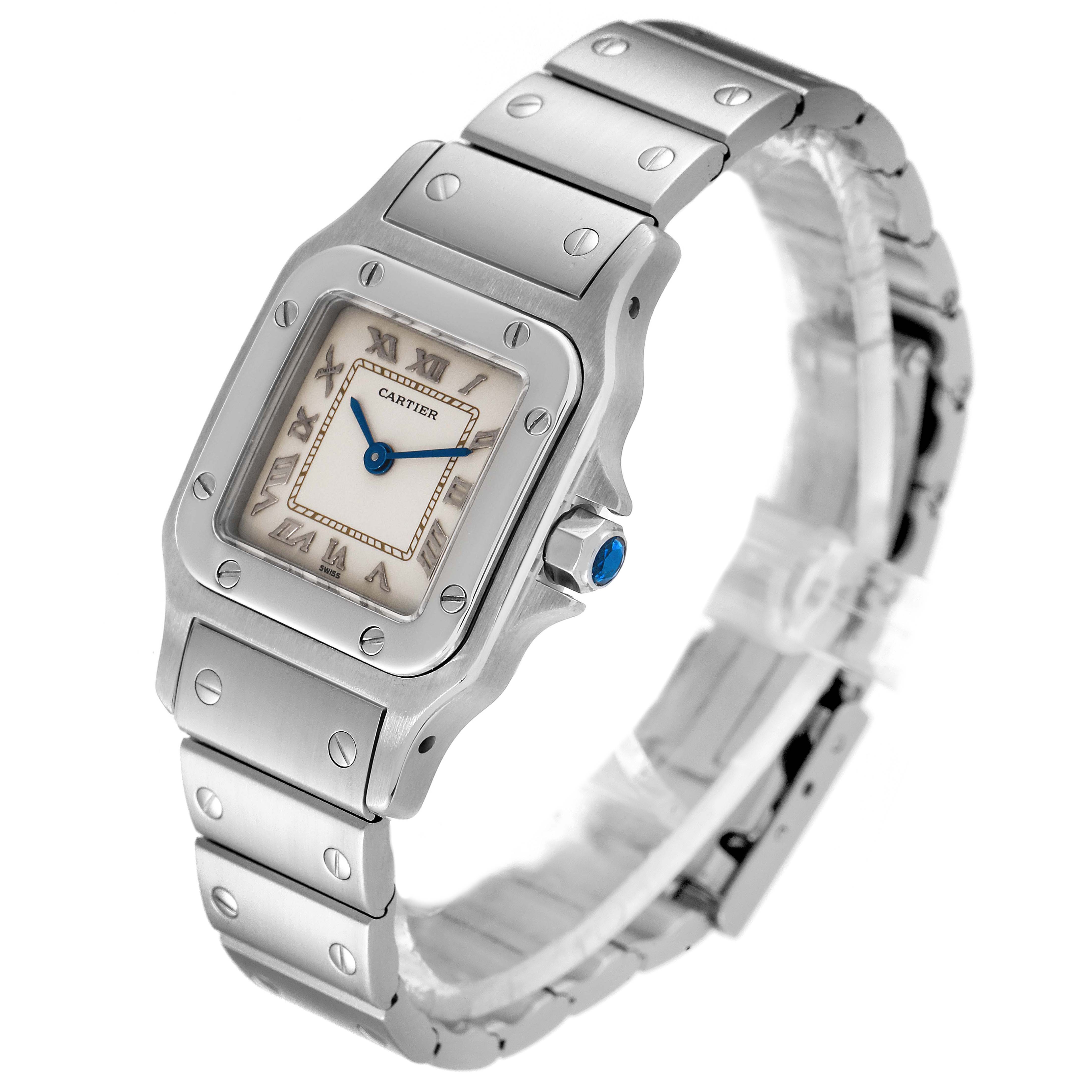 This image shows a Santos model by Cartier watch at a three-quarter angle, highlighting its face, bezel, and bracelet.