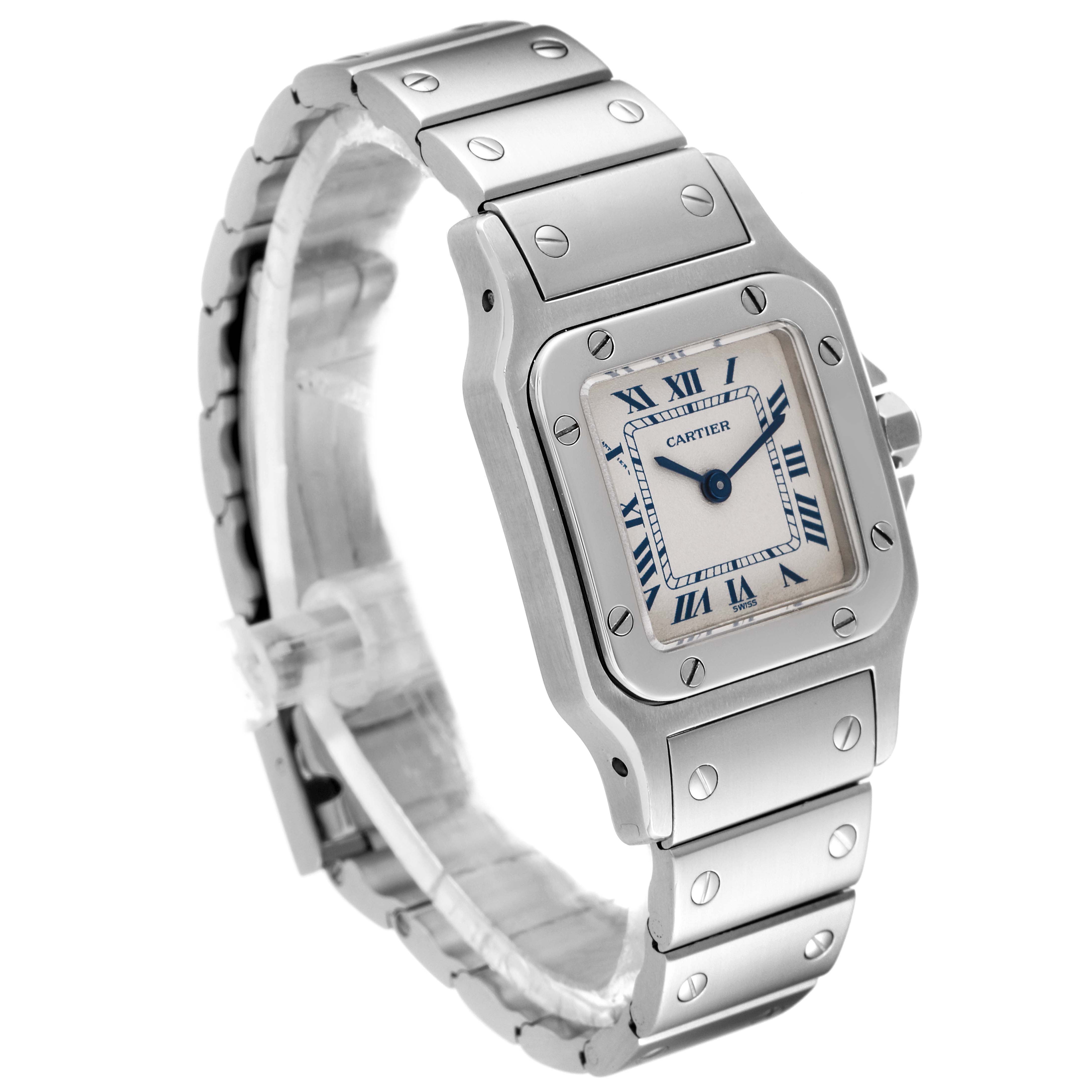 The image shows a Cartier Santos W20056D6 Women's Stainless Steel Silver Dial W20056D6 Women's Stainless Steel Silver Dial watch at an angled view, highlighting its face, bezel, crown, and stainless steel bracelet.