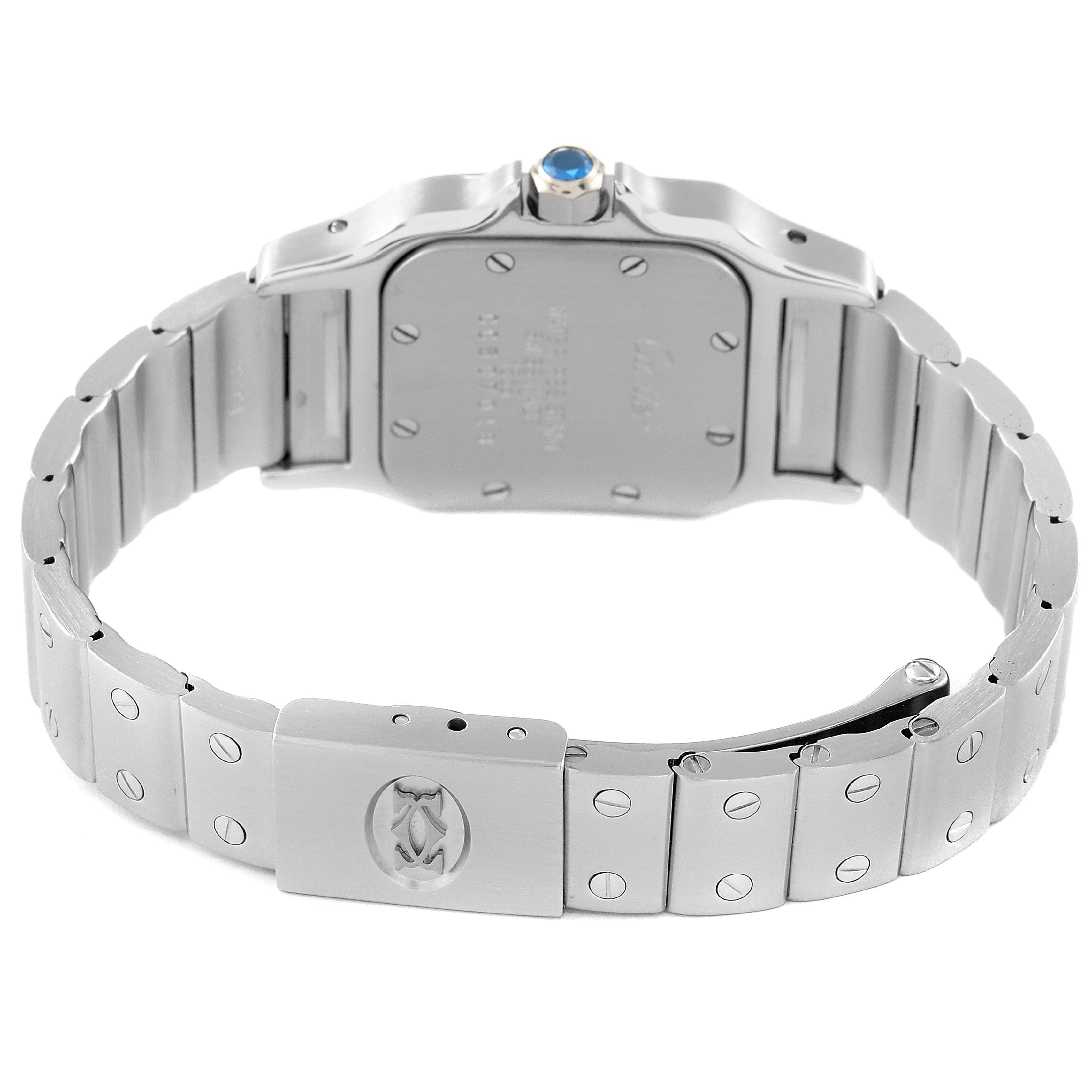 The image shows the back view of a Cartier Santos W20056D6 Women's Stainless Steel Silver Dial W20056D6 Women's Stainless Steel Silver Dial watch, featuring its case back, bracelet, and clasp.