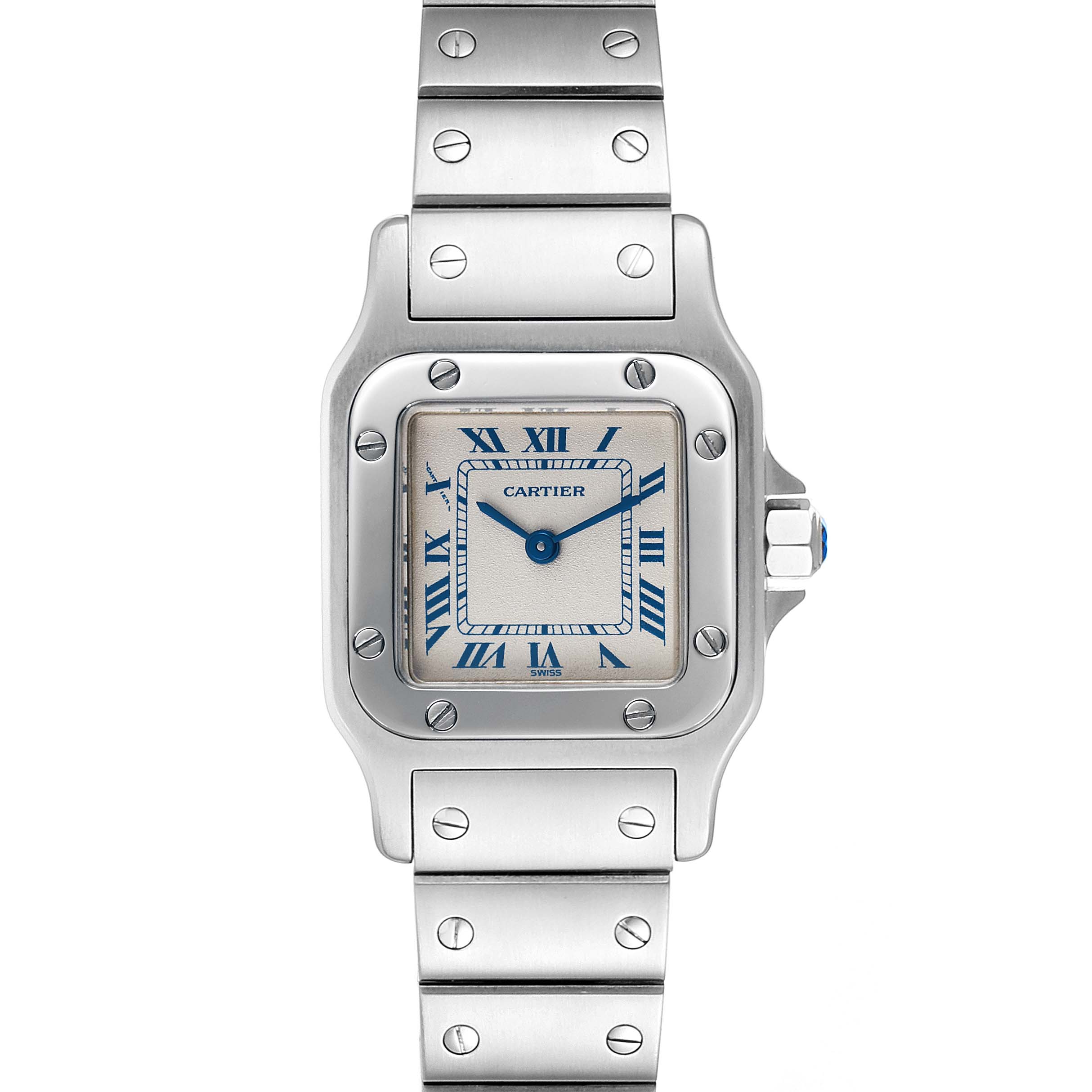This image shows a front view of the Cartier Santos W20056D6 Women's Stainless Steel Silver Dial W20056D6 Women's Stainless Steel Silver Dial watch, highlighting its dial, hands, bracelet, and bezel.