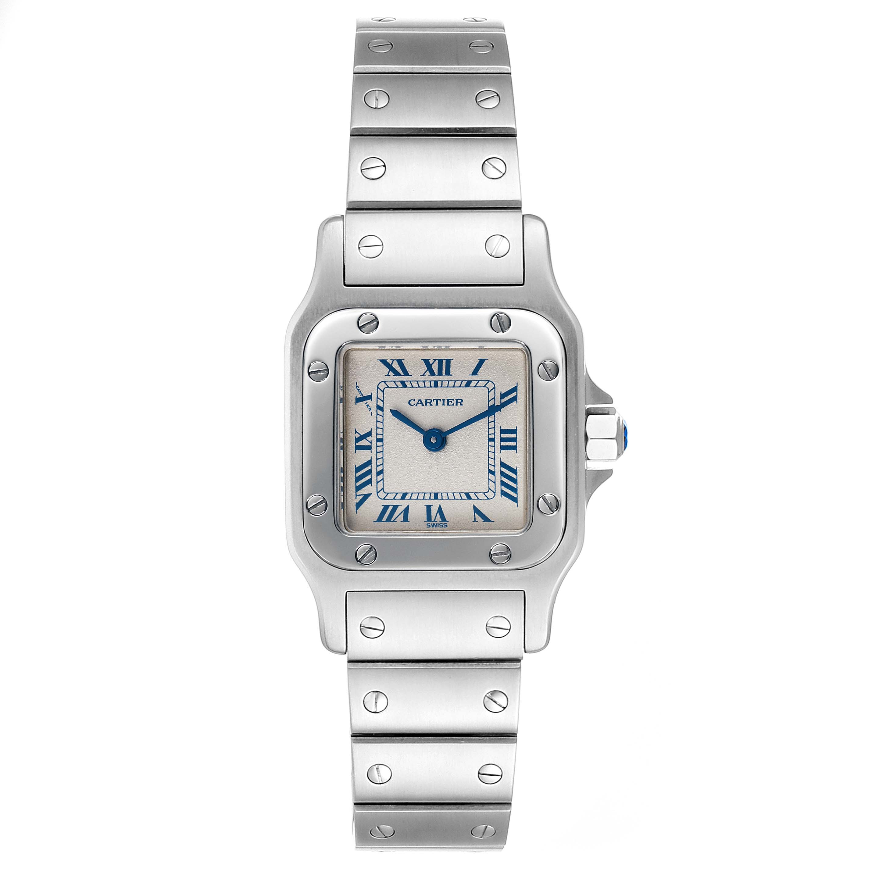 This image shows a front view of the silver Cartier Santos W20056D6 Women's Stainless Steel Silver Dial W20056D6 Women's Stainless Steel Silver Dial watch, including its square face, Roman numeral dial, and metal bracelet.