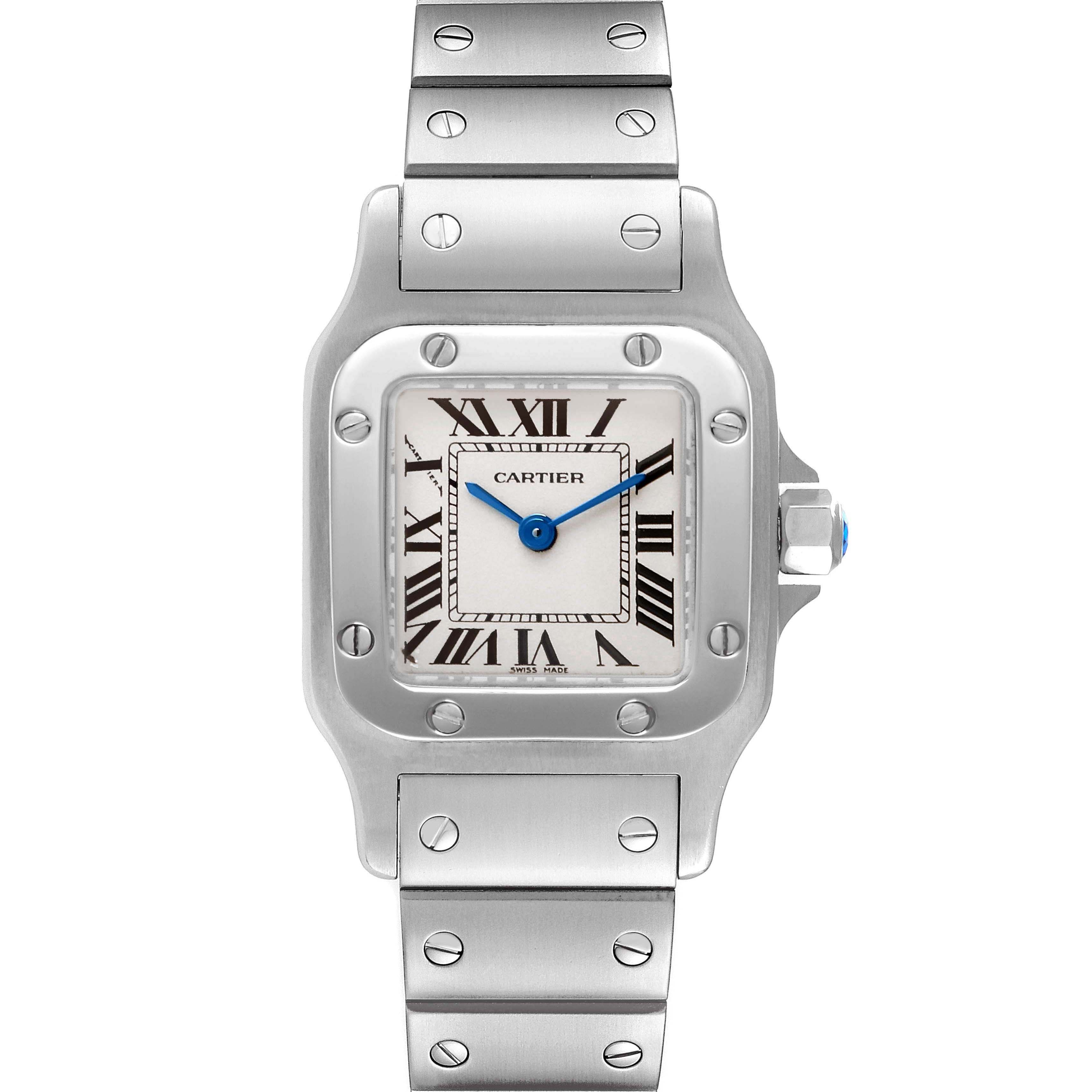 The image shows a frontal view of the Cartier Santos W20056D6 Women's Stainless Steel Silver Dial W20056D6 Women's Stainless Steel Silver Dial watch, highlighting its square face, Roman numerals, and metal bracelet.