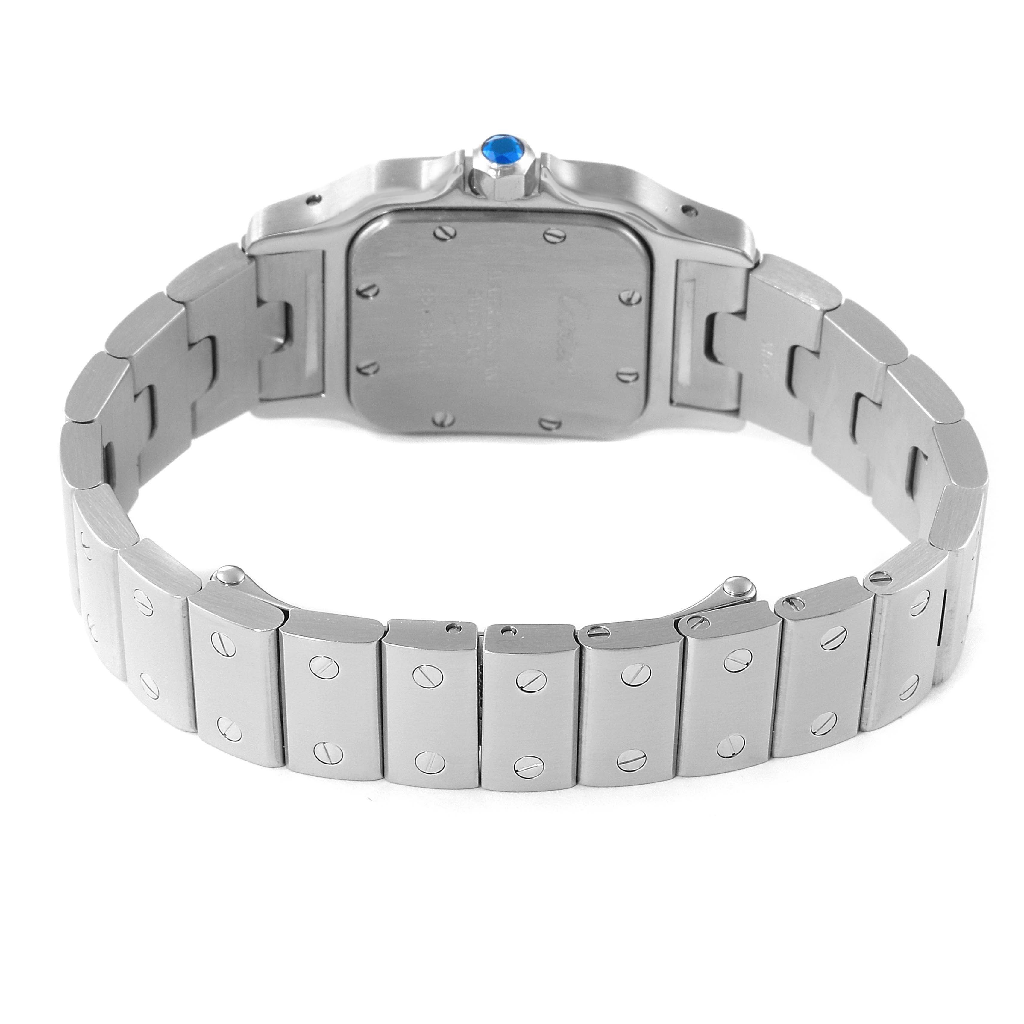 This image shows the backside and metal bracelet of a Cartier Santos W20056D6 Women's Stainless Steel Silver Dial W20056D6 Women's Stainless Steel Silver Dial watch, highlighting the case back and clasp.