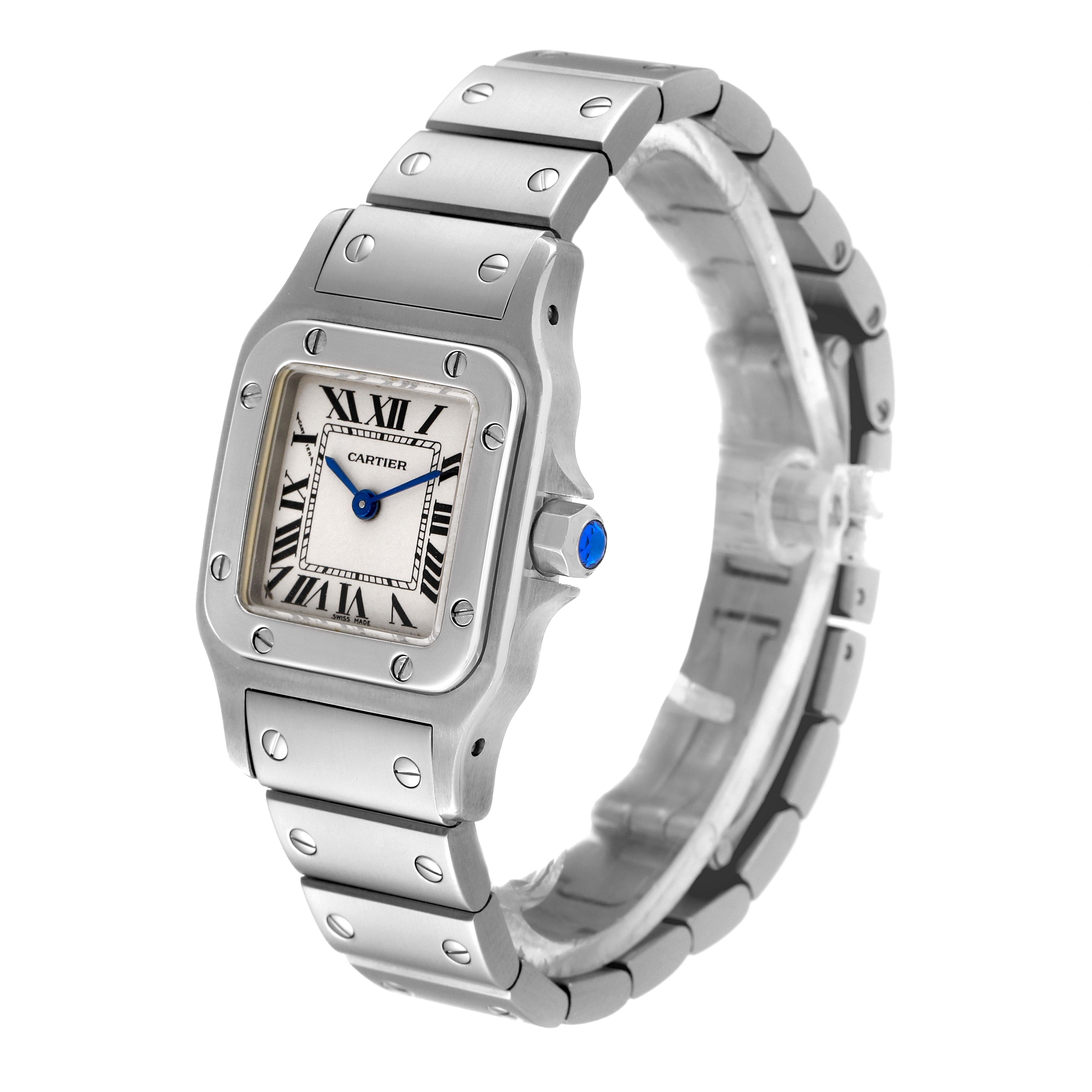 The image shows a Cartier Santos W20056D6 Women's Stainless Steel Silver Dial W20056D6 Women's Stainless Steel Silver Dial watch at a three-quarter angle, highlighting the face, bezel, crown, and bracelet.