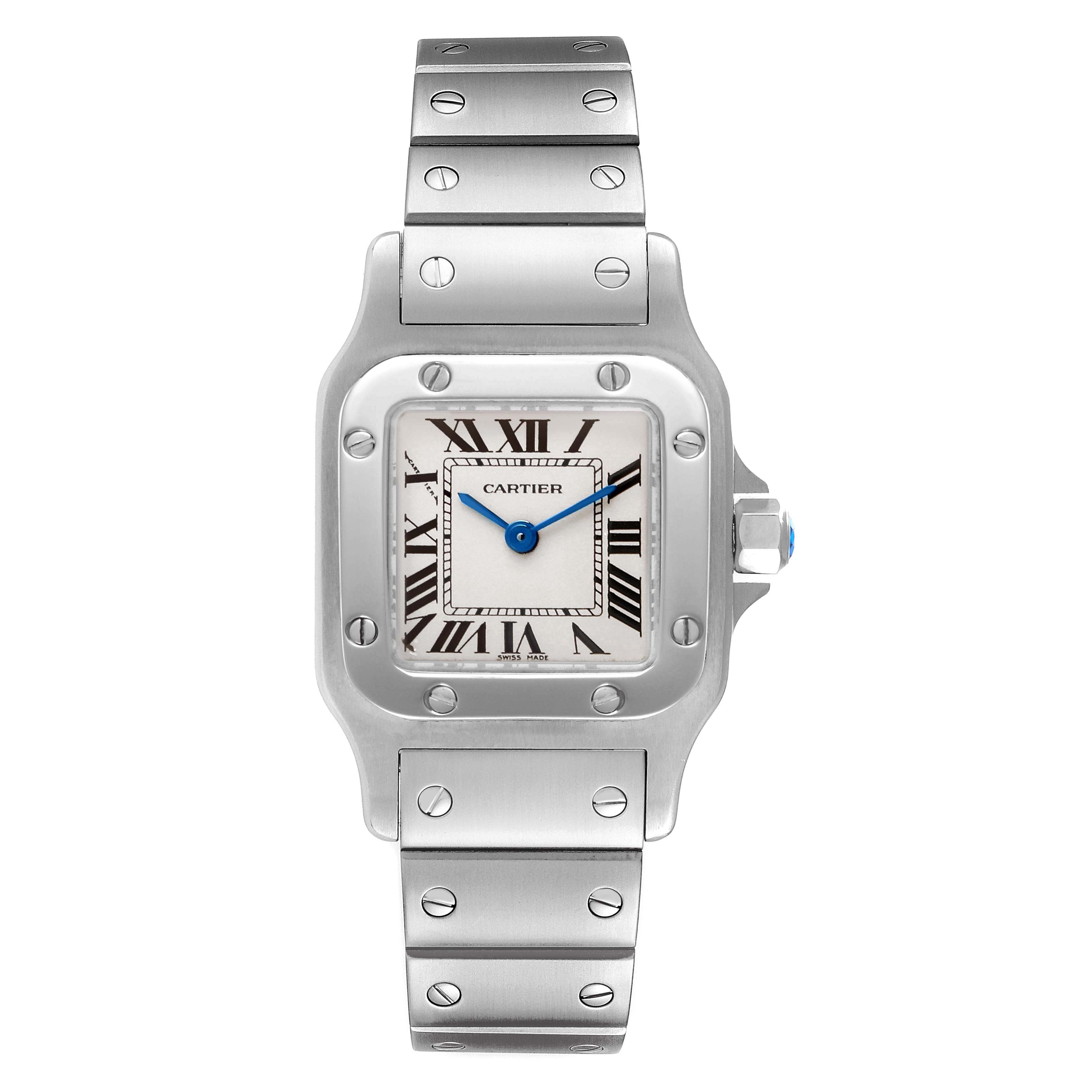 The Cartier Santos W20056D6 Women's Stainless Steel Silver Dial W20056D6 Women's Stainless Steel Silver Dial watch is shown from a front view, displaying the face, bezel, and bracelet.