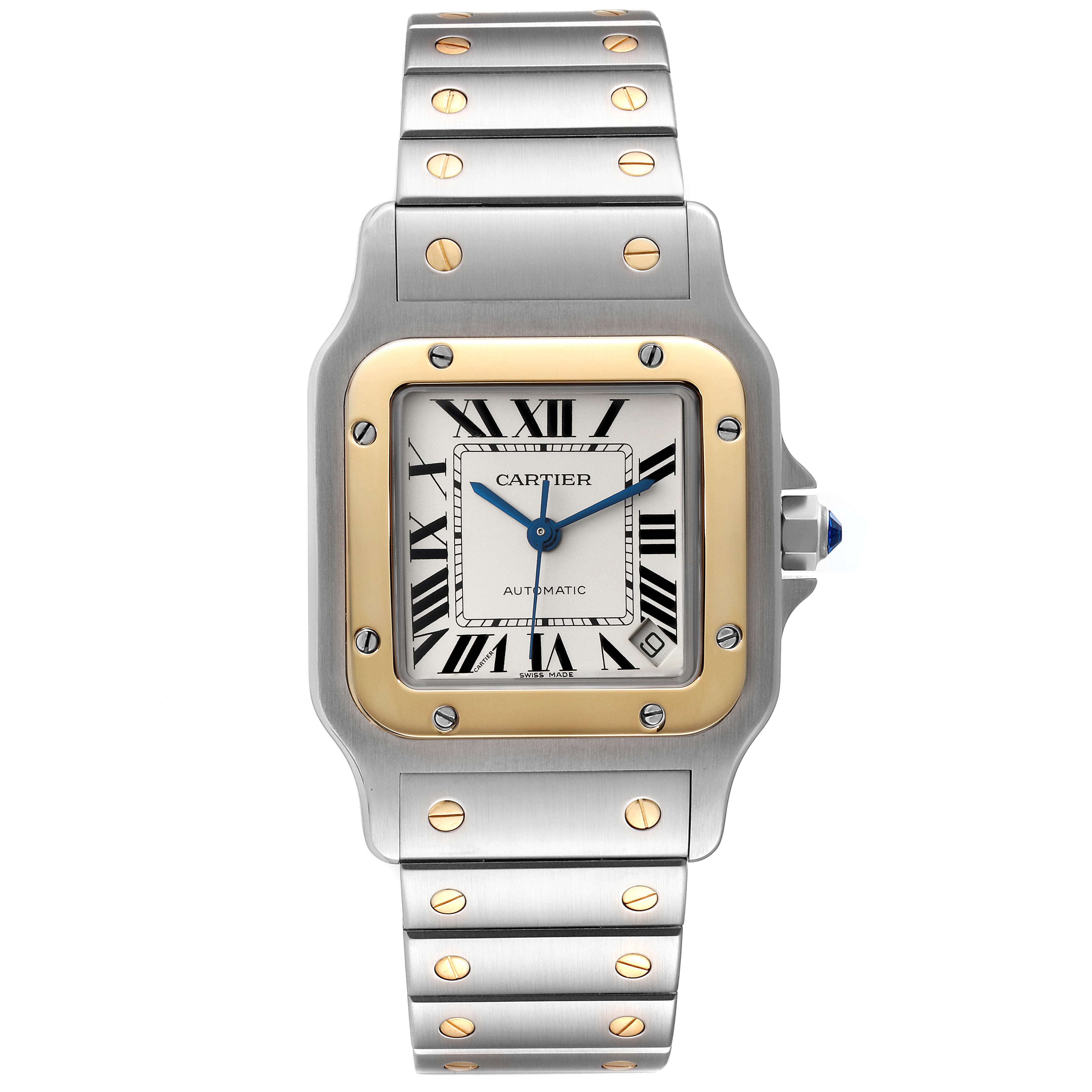 The Cartier Santos W20099C4 Men's Steel and Gold (two tone) Silver Dial W20099C4 Men's Steel and Gold (two tone) Silver Dial watch is shown from the front, highlighting its face, bracelet, and distinctive screws.