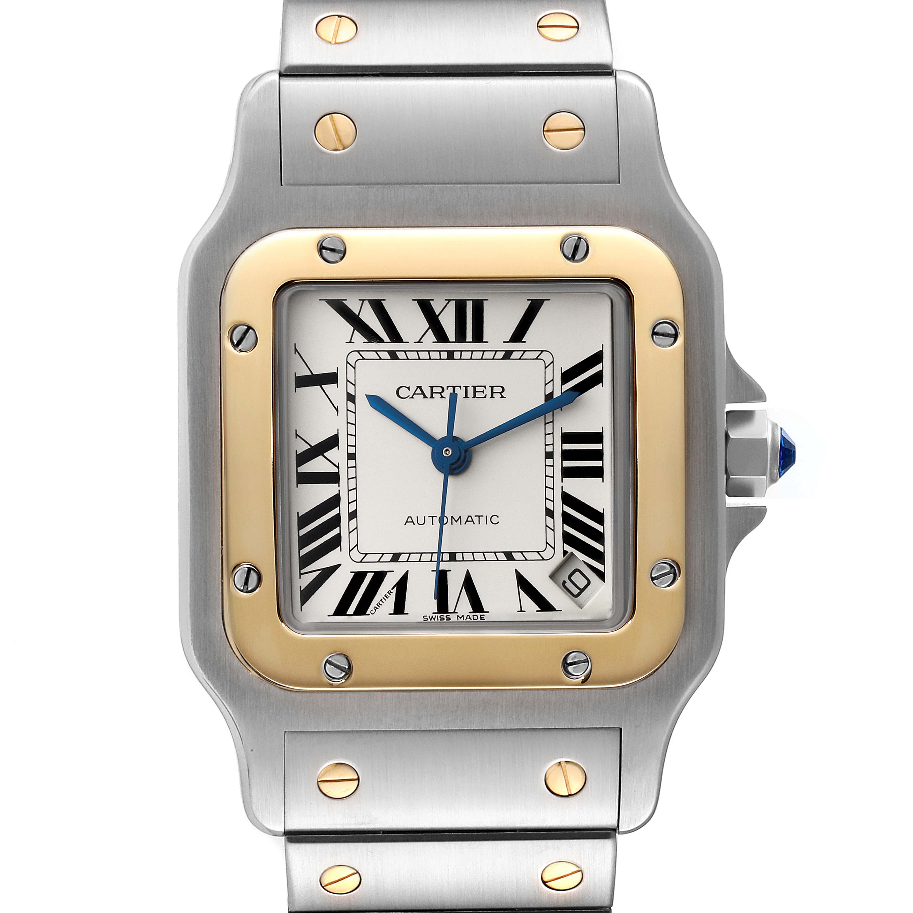 This image shows a front view of a Cartier Santos W20099C4 Men's Steel and Gold (two tone) Silver Dial W20099C4 Men's Steel and Gold (two tone) Silver Dial watch, highlighting its square face, Roman numerals, and metal bracelet.