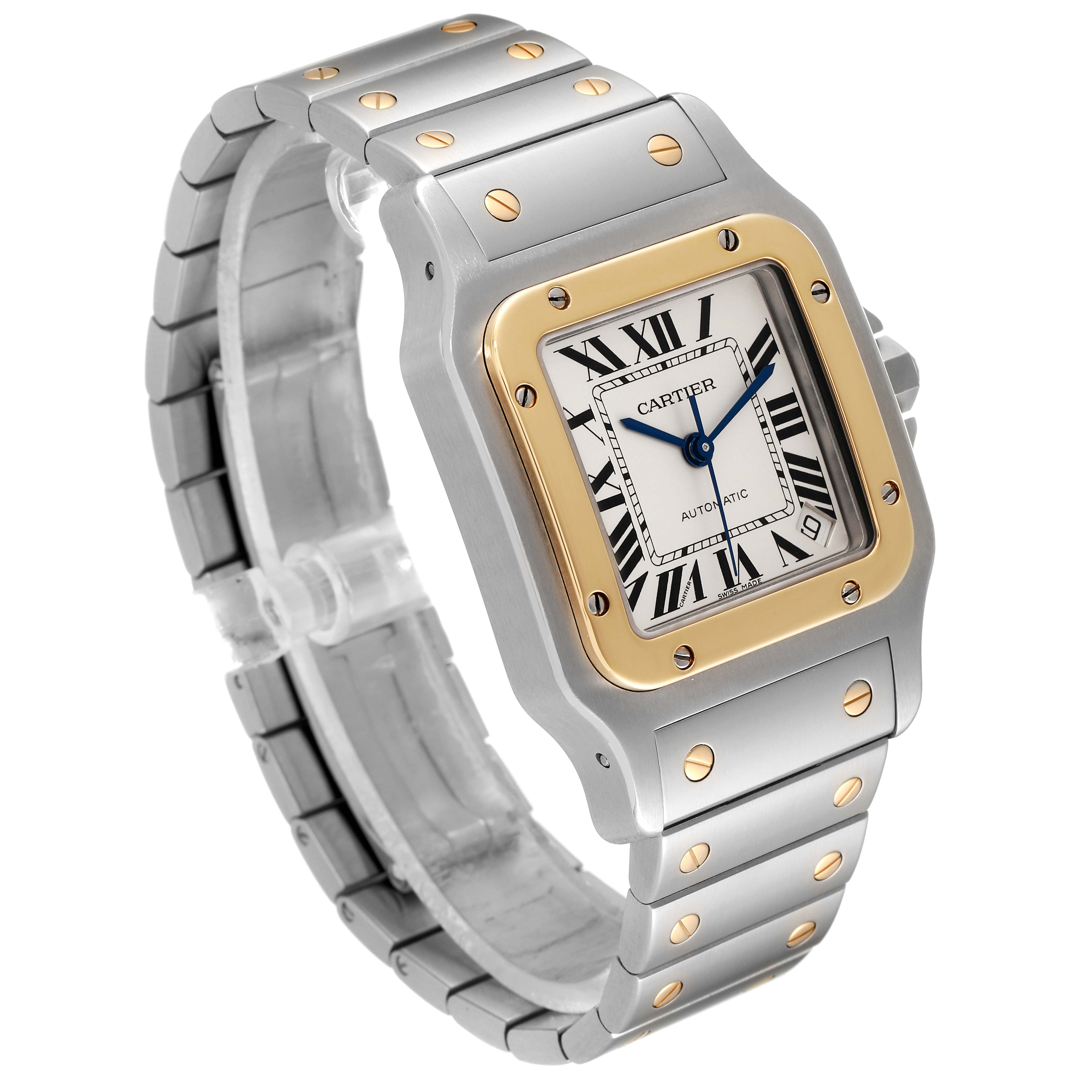The Cartier Santos W20099C4 Men's Steel and Gold (two tone) Silver Dial W20099C4 Men's Steel and Gold (two tone) Silver Dial watch is shown at a three-quarter angle, displaying the case, bezel, dial, and part of the bracelet.