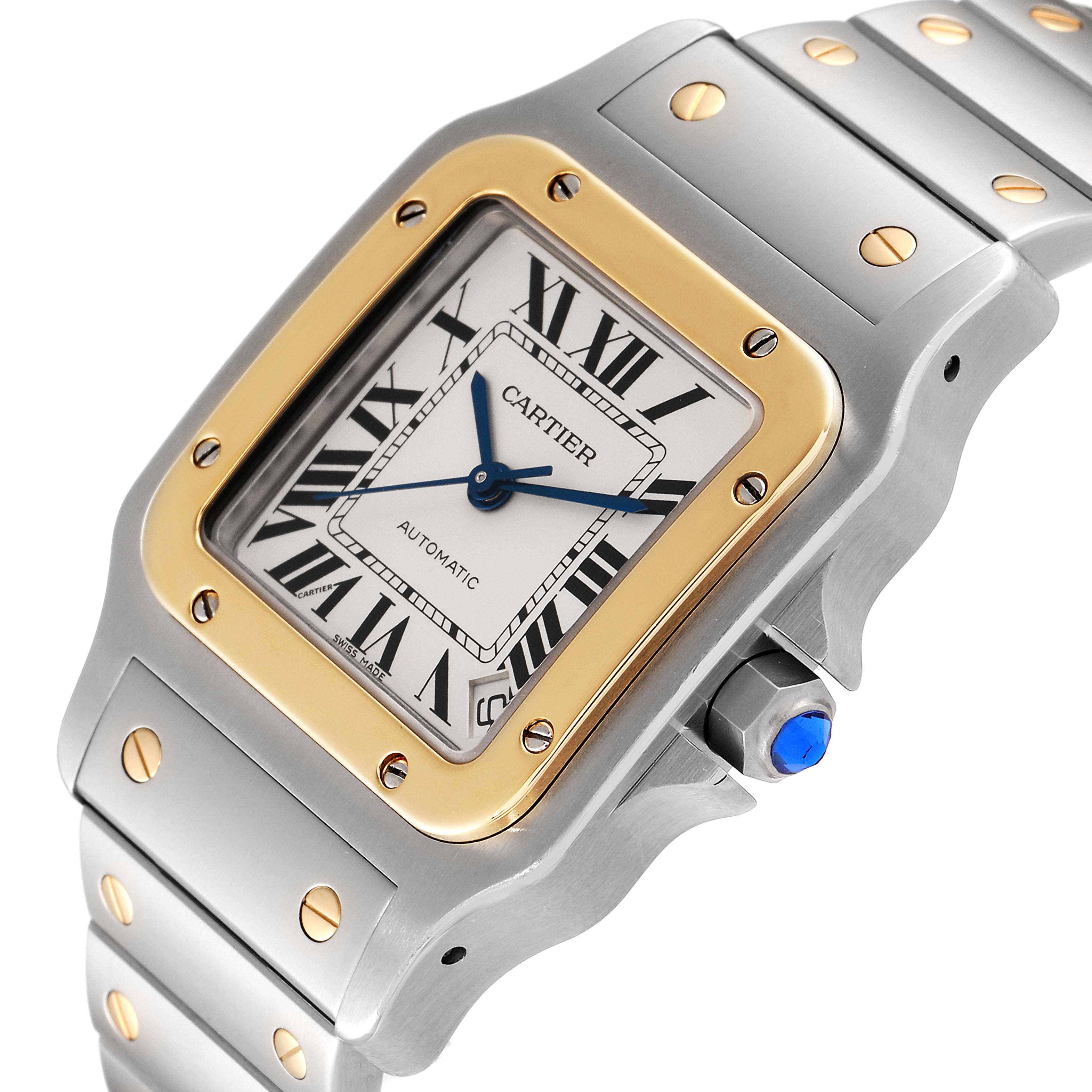 The image shows a close-up angle of the Cartier Santos W20099C4 Men's Steel and Gold (two tone) Silver Dial W20099C4 Men's Steel and Gold (two tone) Silver Dial watch face, case, and part of the bracelet.