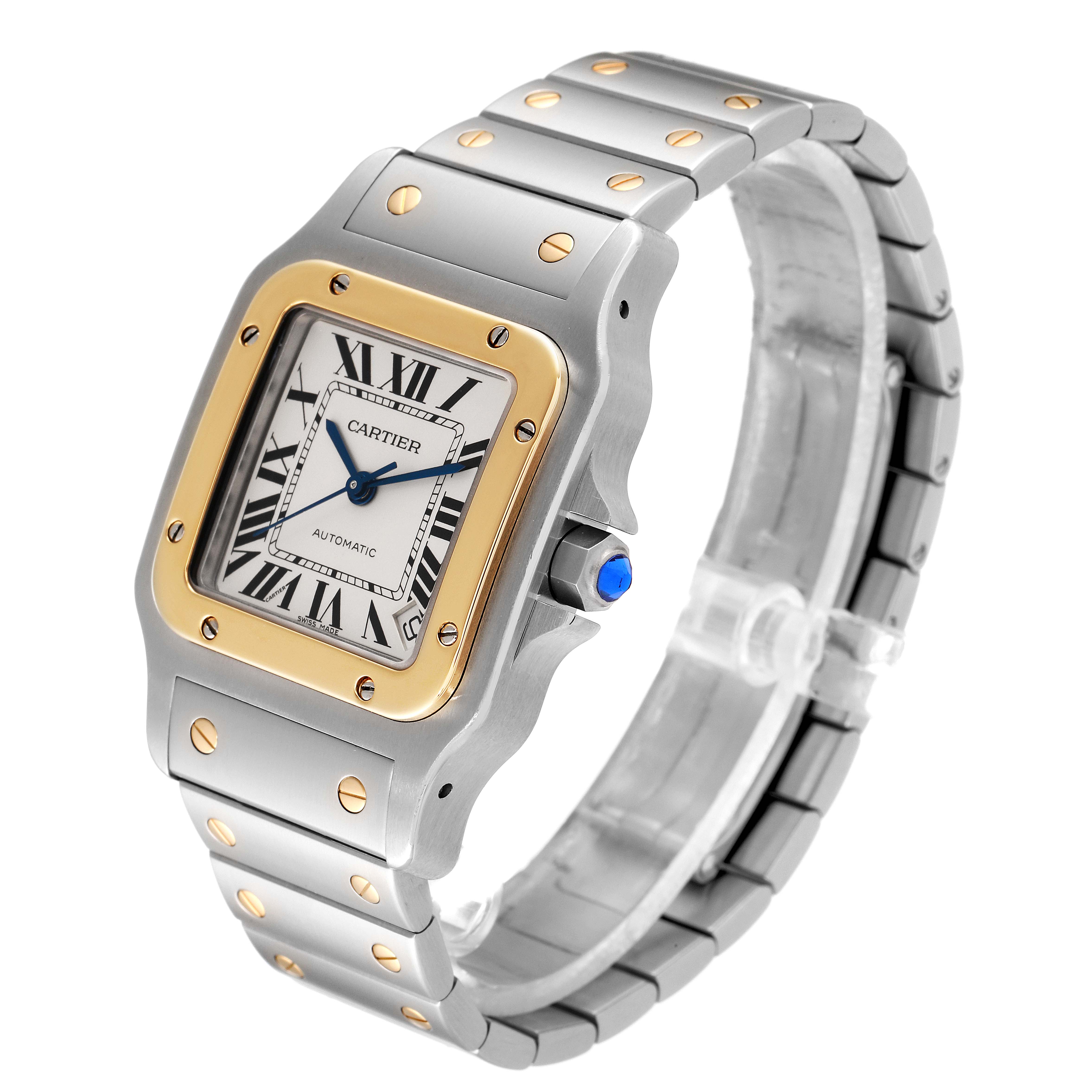 The Cartier Santos W20099C4 Men's Steel and Gold (two tone) Silver Dial W20099C4 Men's Steel and Gold (two tone) Silver Dial watch is shown at a three-quarter angle, highlighting its face, bezel, and partially visible bracelet.