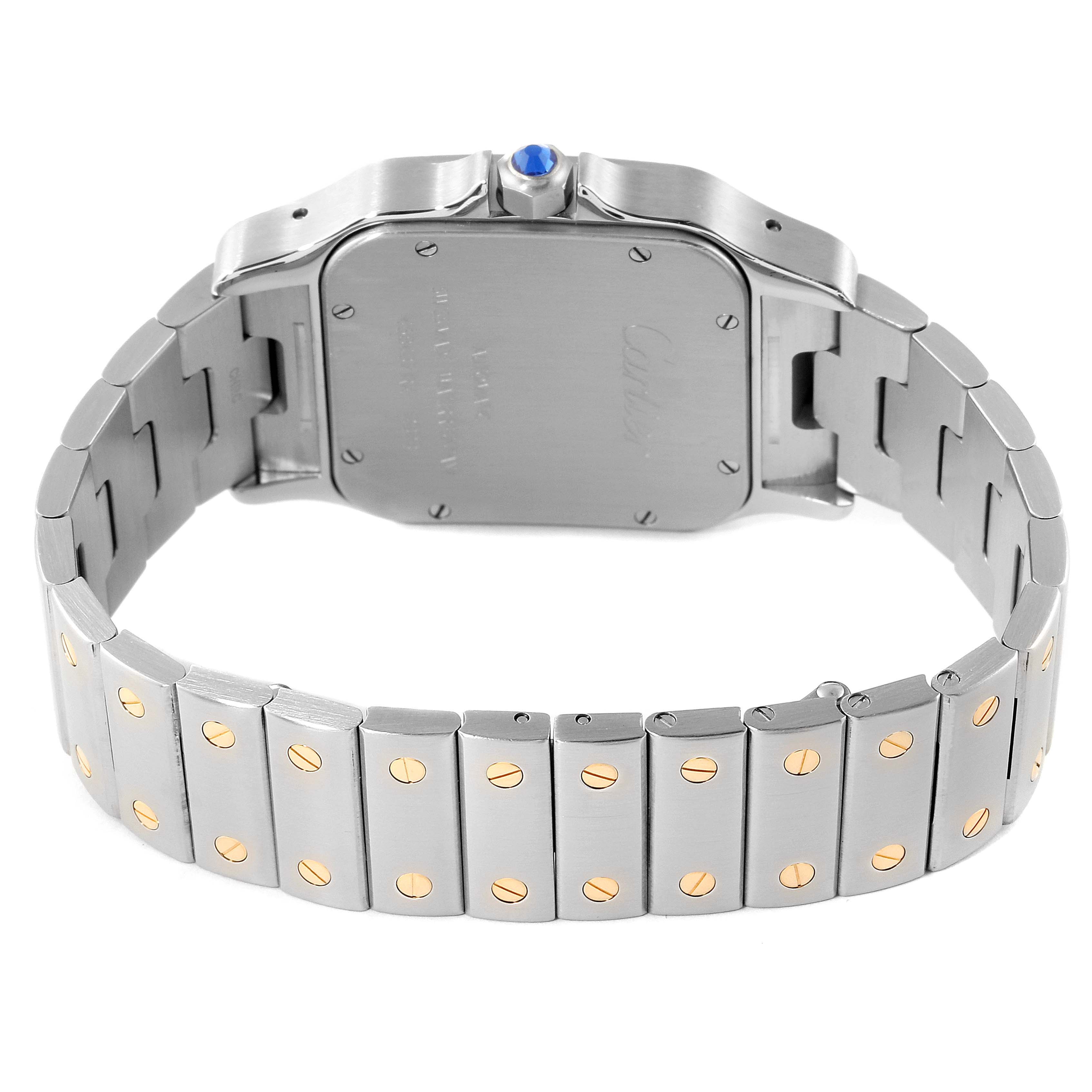 This image shows the back view of the Cartier Santos W20099C4 Men's Steel and Gold (two tone) Silver Dial W20099C4 Men's Steel and Gold (two tone) Silver Dial watch, highlighting its bracelet and case back.
