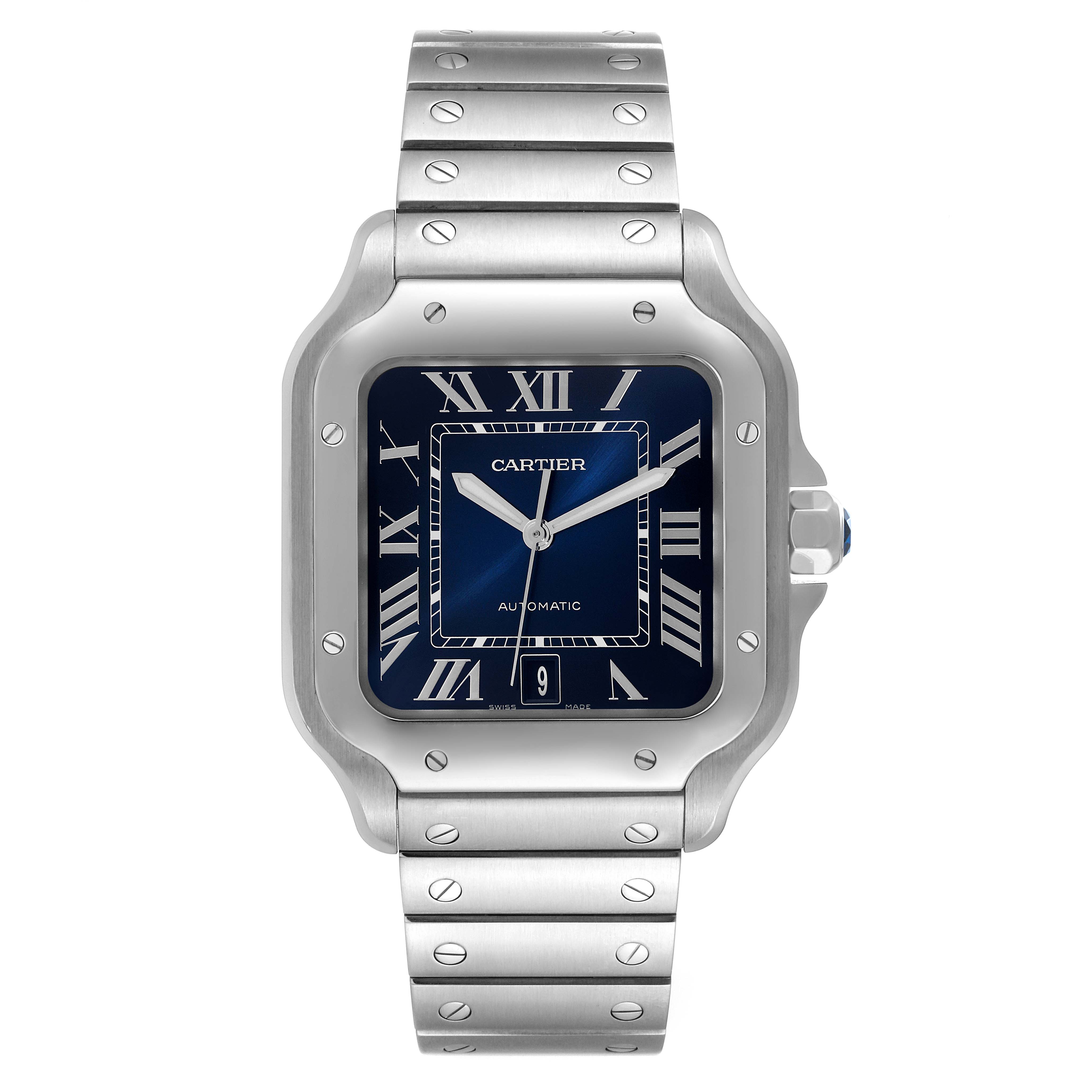 The image shows a front view of the Cartier Santos WSSA0030 Men
s Stainless Steel Blue Dial WSSA0030 Men
s Stainless Steel Blue Dial watch, displaying its face, bezel, and metal bracelet.