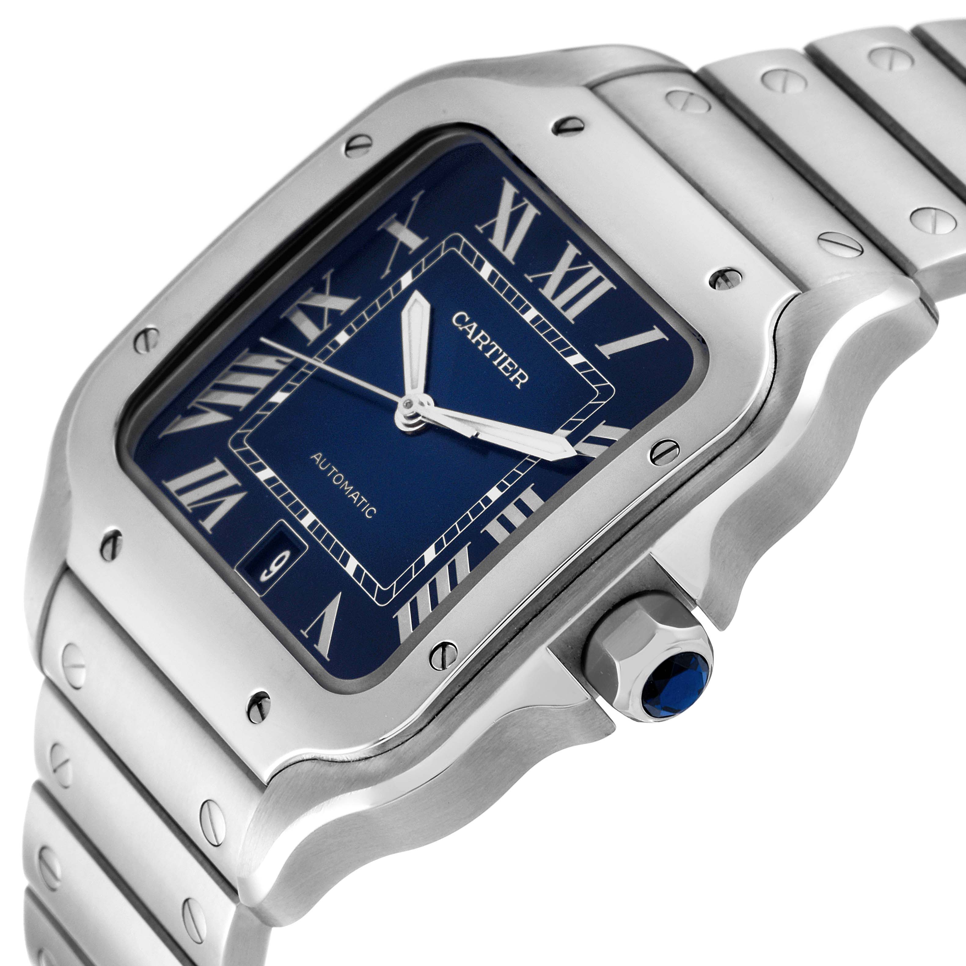 This image shows a close-up angle of the dial, bezel, bracelet, and crown of the Cartier Santos WSSA0030 Men
s Stainless Steel Blue Dial WSSA0030 Men
s Stainless Steel Blue Dial watch.