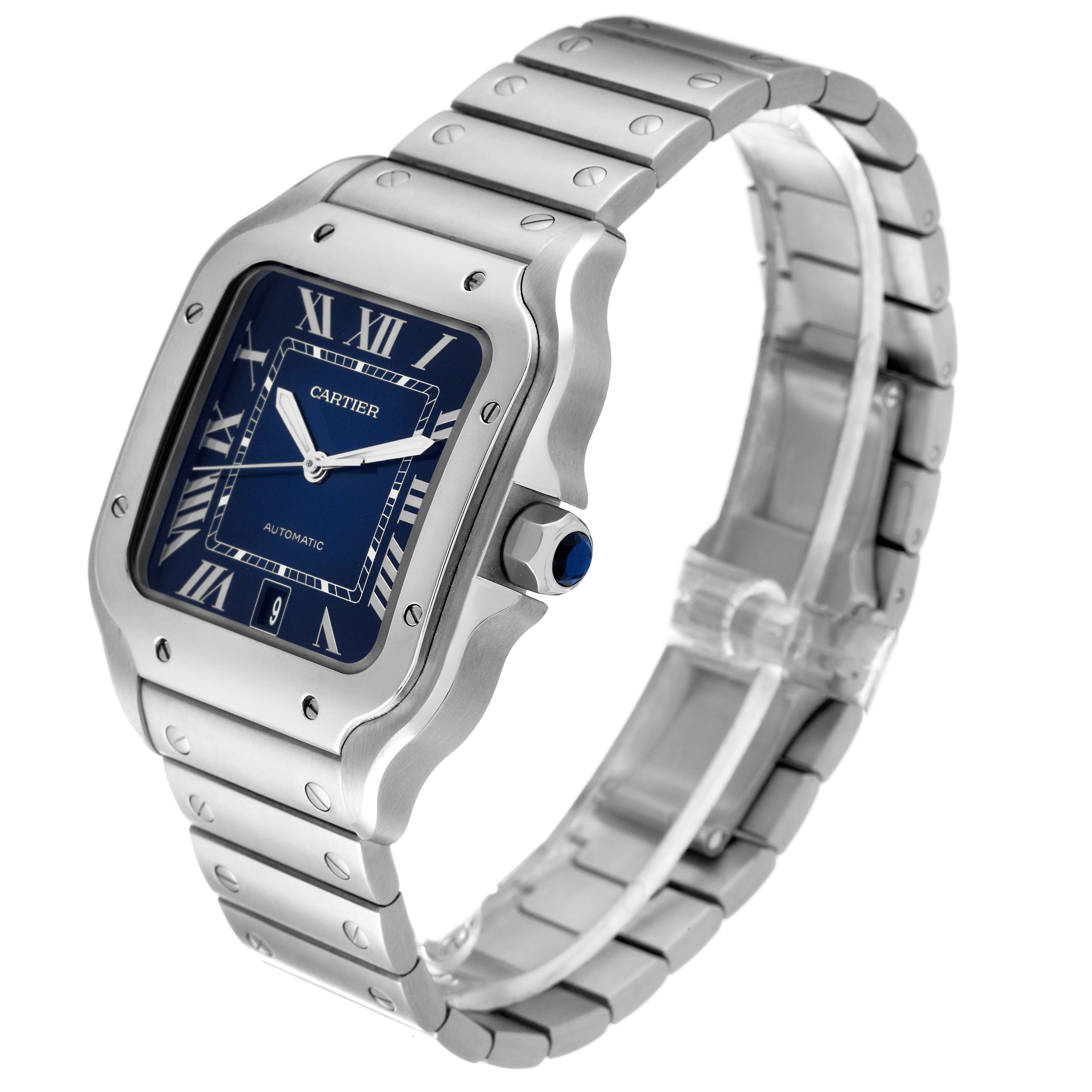 The angle shows the front and side view of the Santos model by Cartier, highlighting the blue dial, bezel, and bracelet.