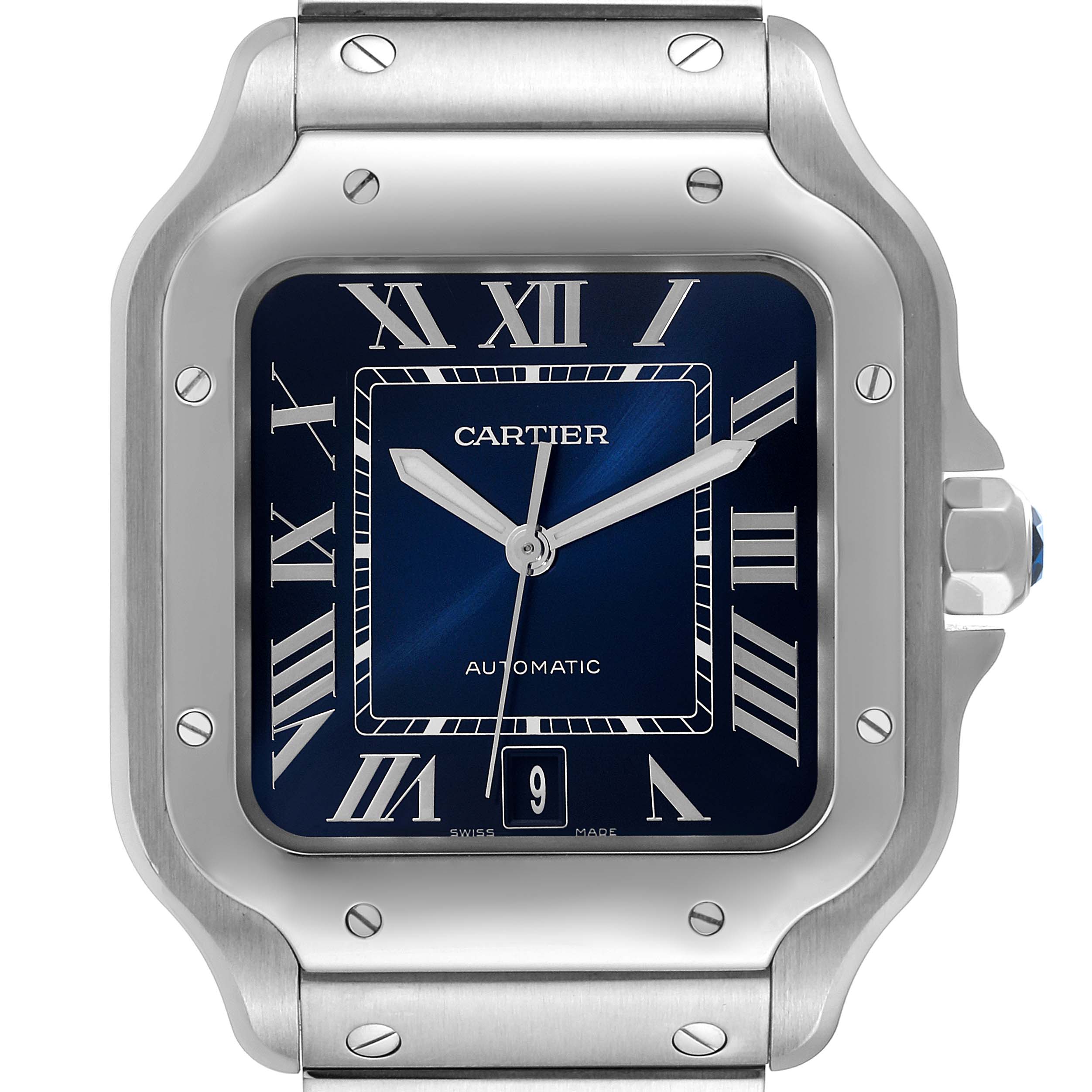 The image shows a front view of a Cartier Santos WSSA0030 Men
s Stainless Steel Blue Dial WSSA0030 Men
s Stainless Steel Blue Dial watch, highlighting the face, Roman numerals, and part of the bracelet.