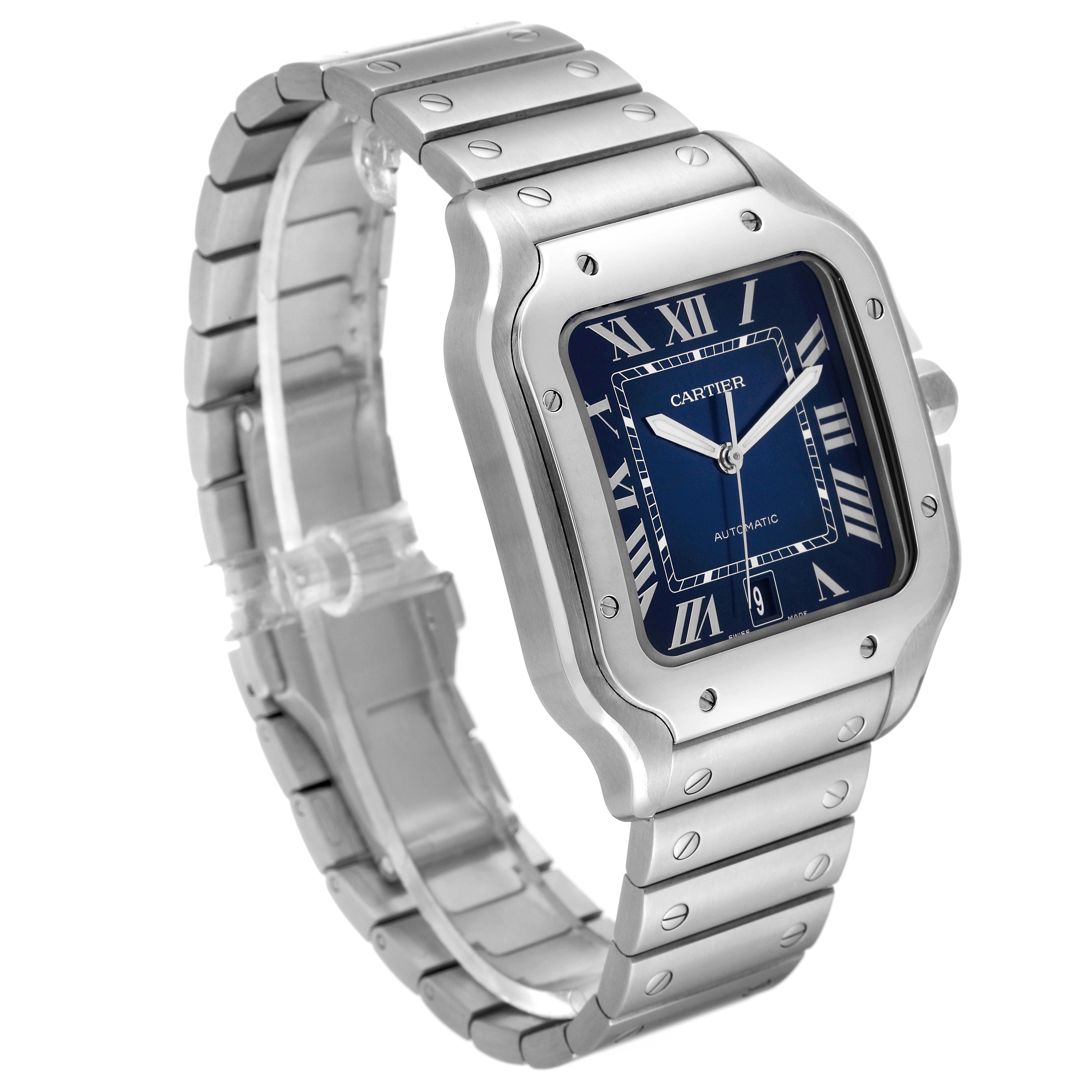 This image shows a Cartier Santos WSSA0030 Men
s Stainless Steel Blue Dial WSSA0030 Men
s Stainless Steel Blue Dial watch from a front angle, highlighting its blue face, Roman numerals, and stainless steel bracelet.