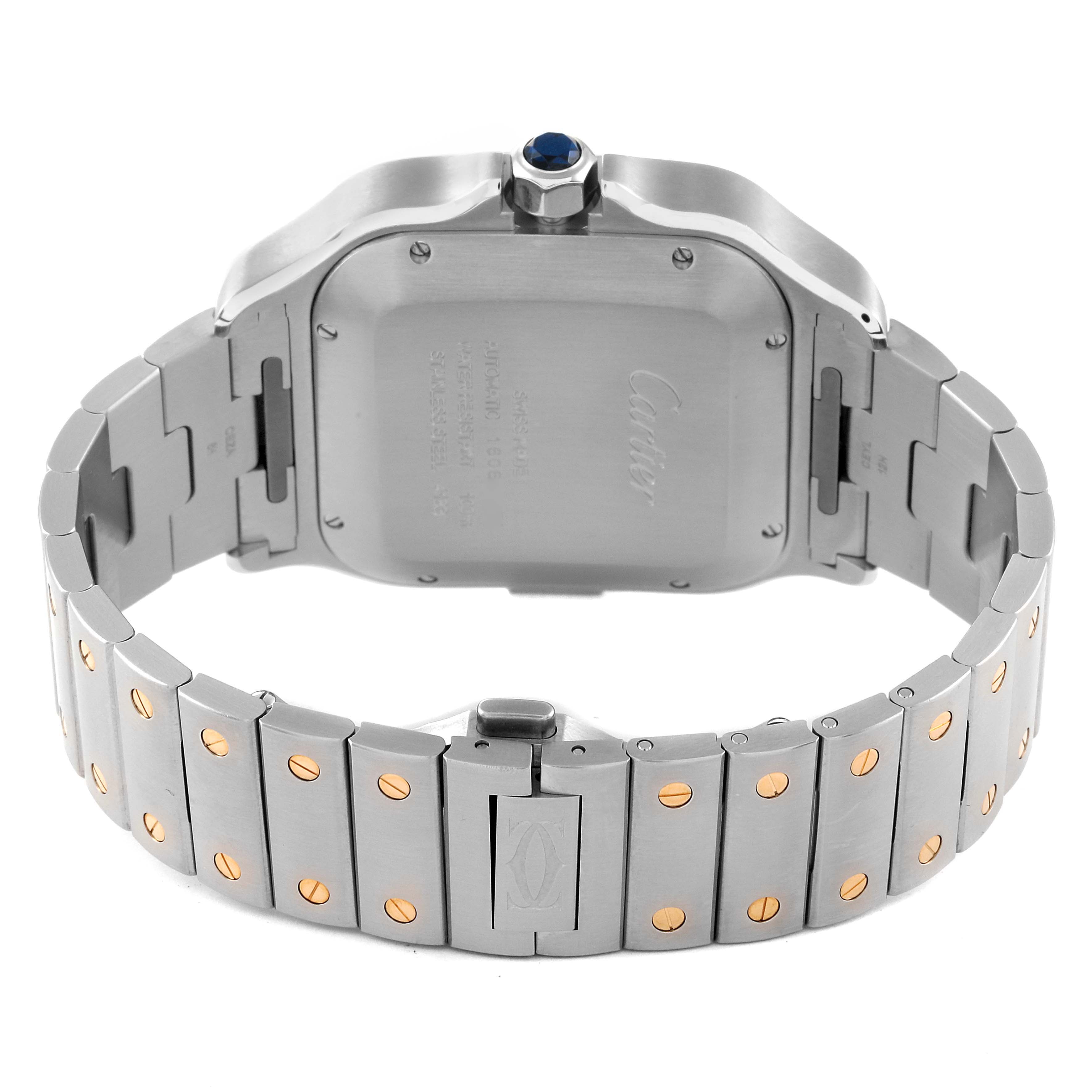 The image shows the back and bracelet of a Cartier Santos W2SA0008 Men's Steel and Gold (two tone) Silver Dial W2SA0008 Men's Steel and Gold (two tone) Silver Dial watch, featuring stainless steel and gold accents.