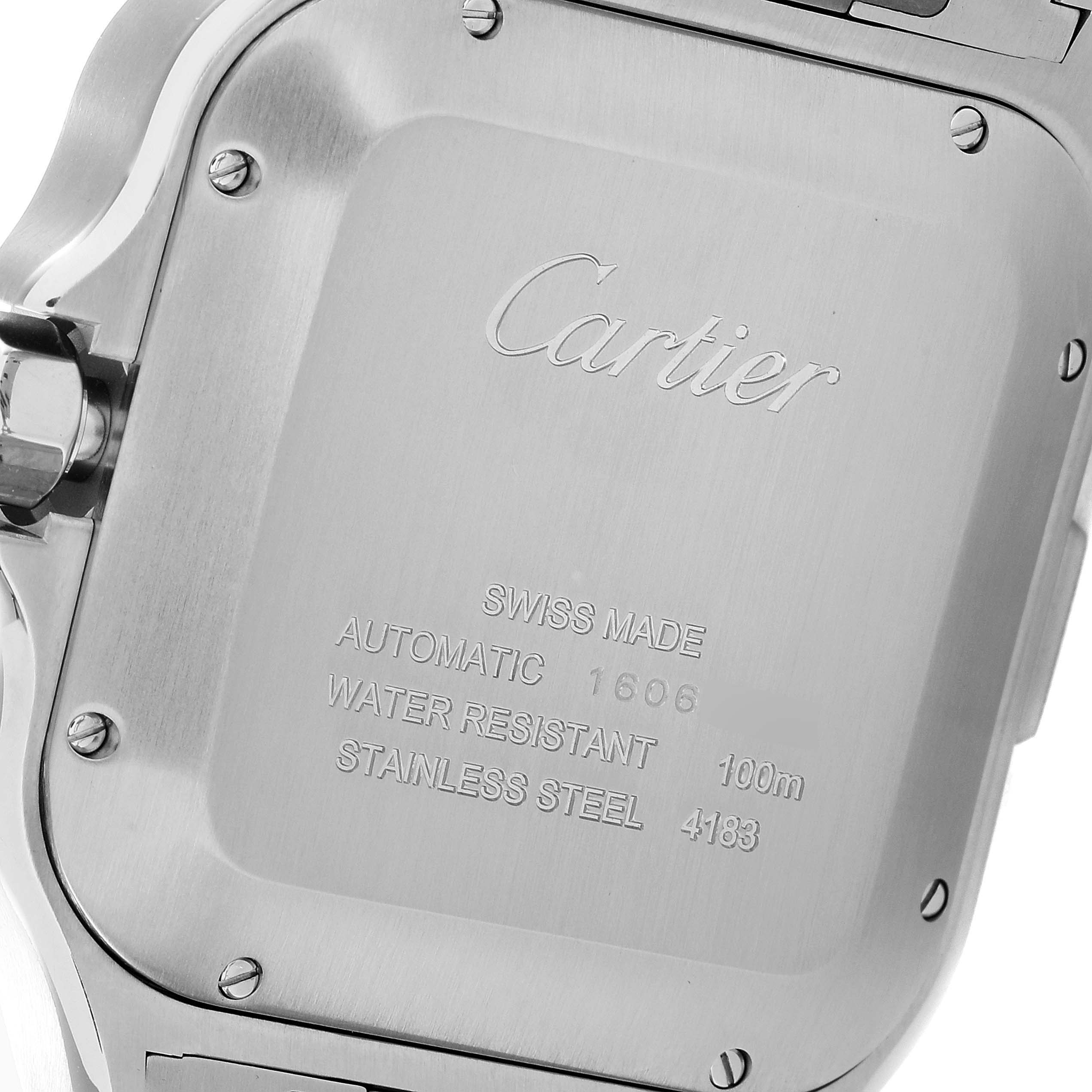 This image shows the back casing of a Cartier Santos W2SA0008 Men's Steel and Gold (two tone) Silver Dial W2SA0008 Men's Steel and Gold (two tone) Silver Dial watch, featuring engraved details about its specifications.