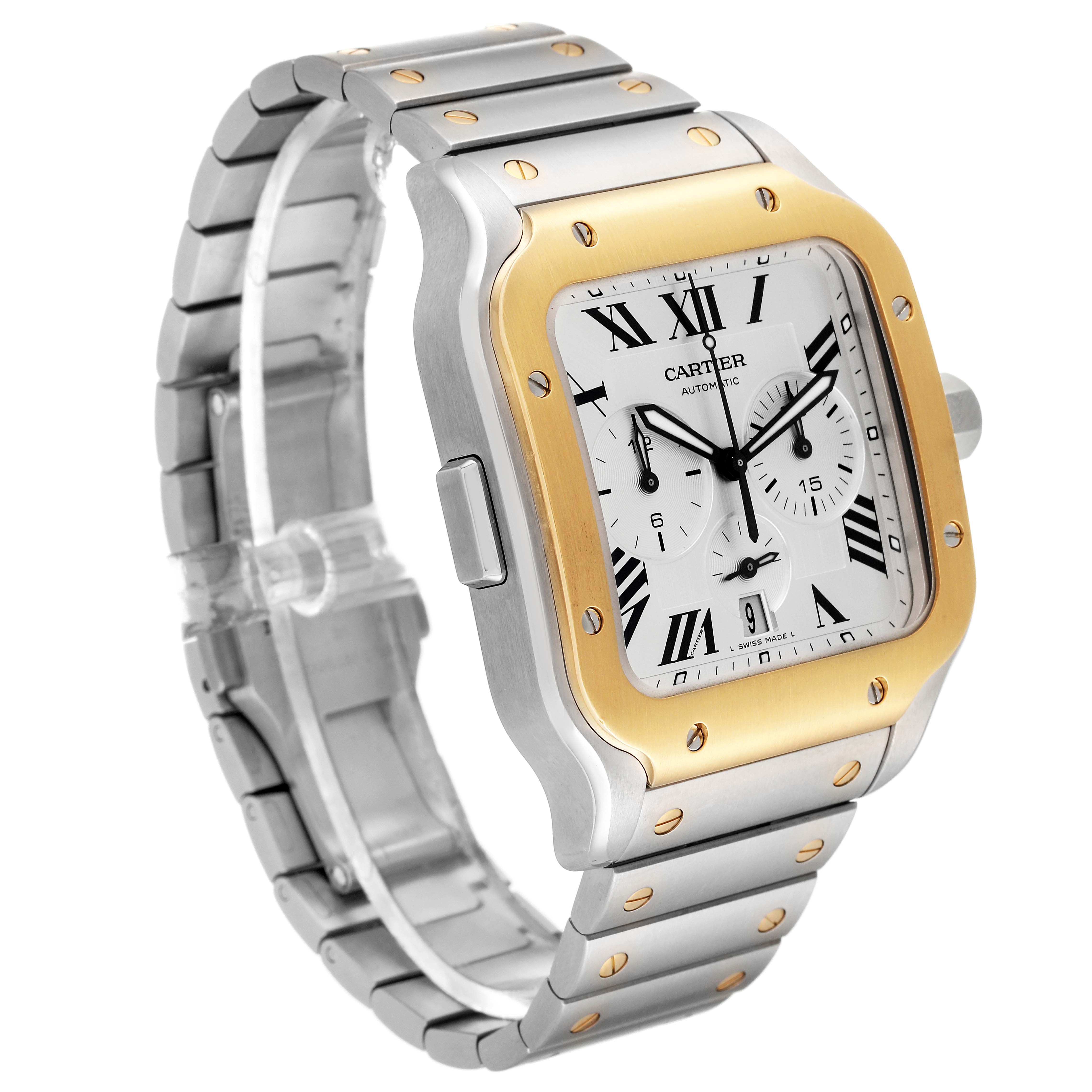 The image shows a Santos model by Cartier from a 3/4 angle, highlighting the face, bezel, and bracelet.