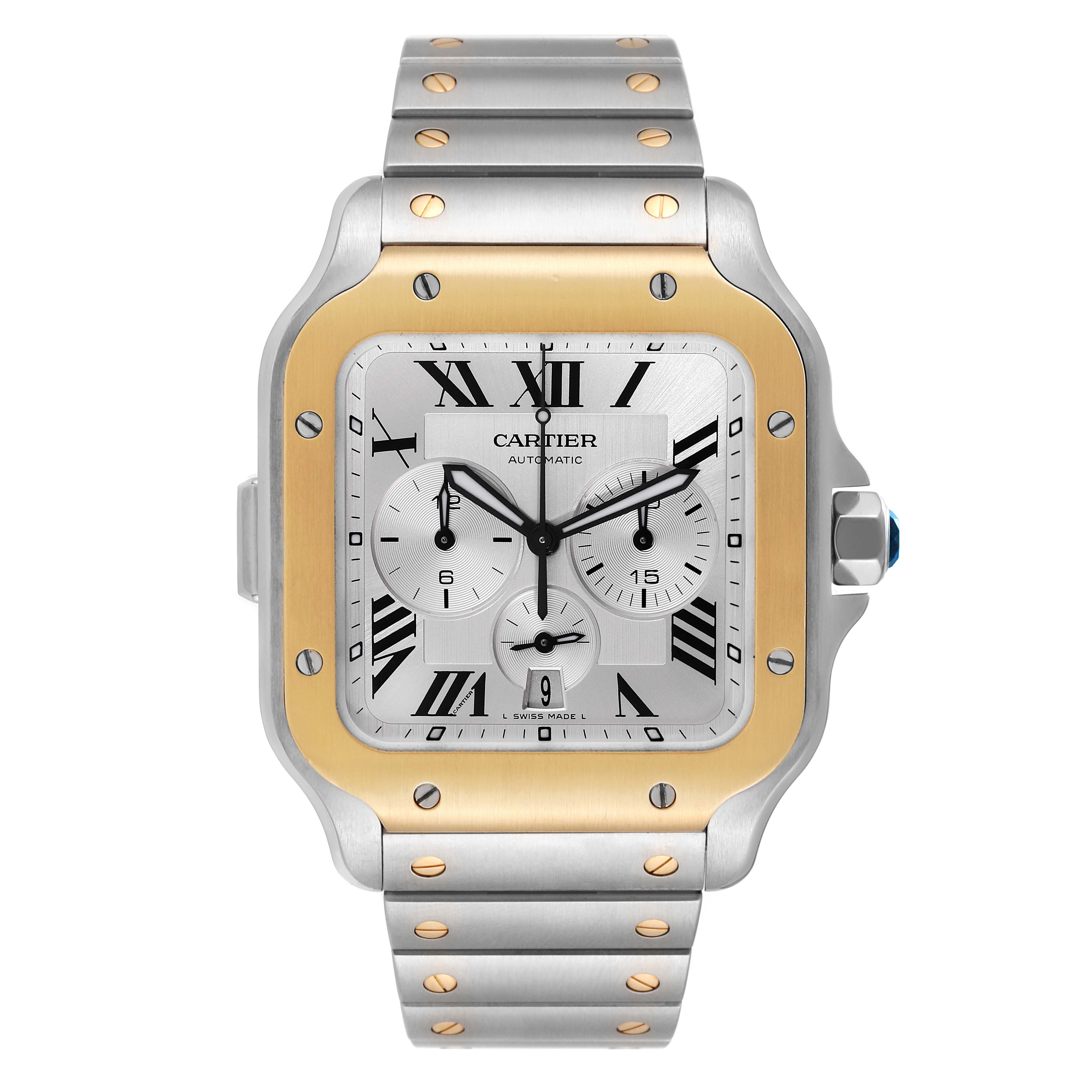 The image shows a front view of the Cartier Santos W2SA0008 Men's Steel and Gold (two tone) Silver Dial W2SA0008 Men's Steel and Gold (two tone) Silver Dial watch, displaying the face, bezel, and bracelet.