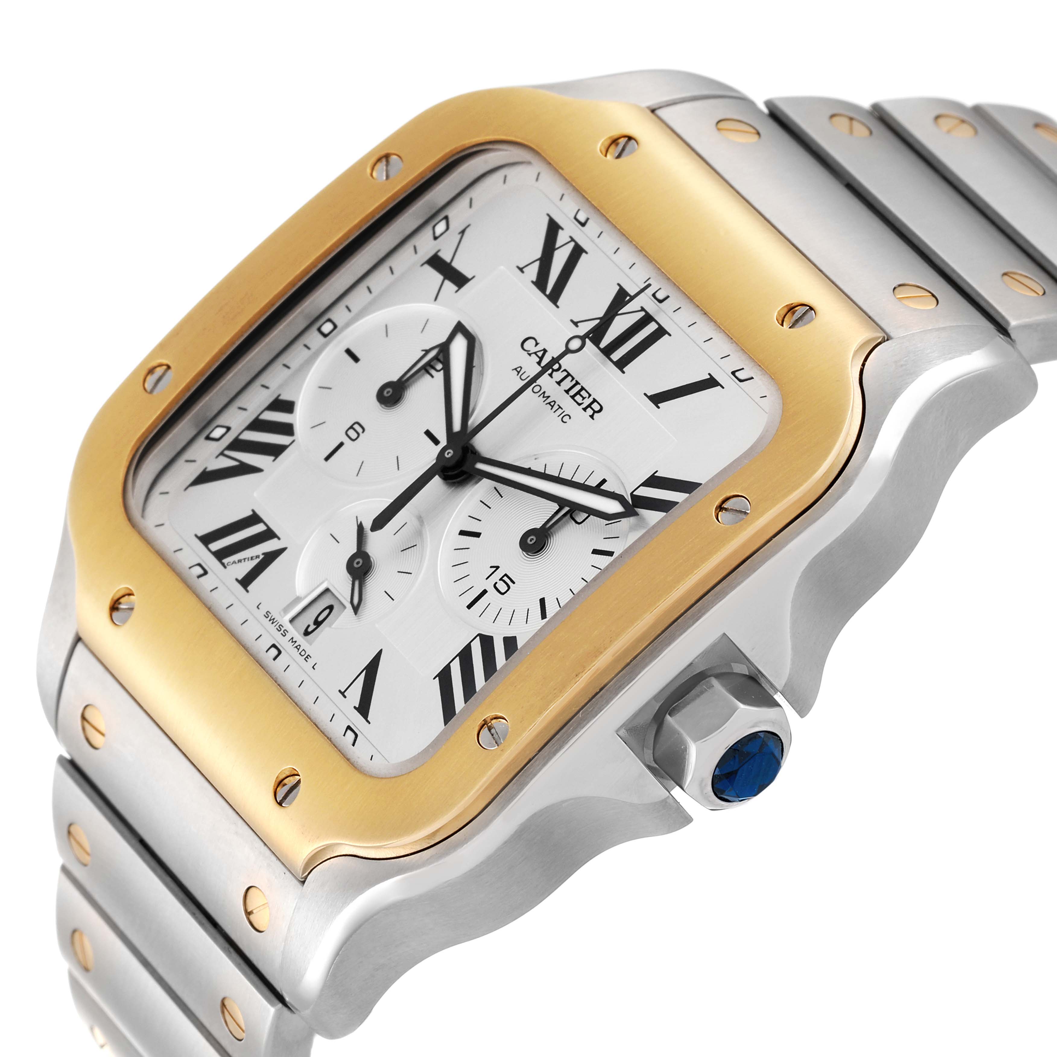 The image shows a close-up of the Cartier Santos W2SA0008 Men's Steel and Gold (two tone) Silver Dial W2SA0008 Men's Steel and Gold (two tone) Silver Dial watch face, bezel, crown, and part of the bracelet at an angle.