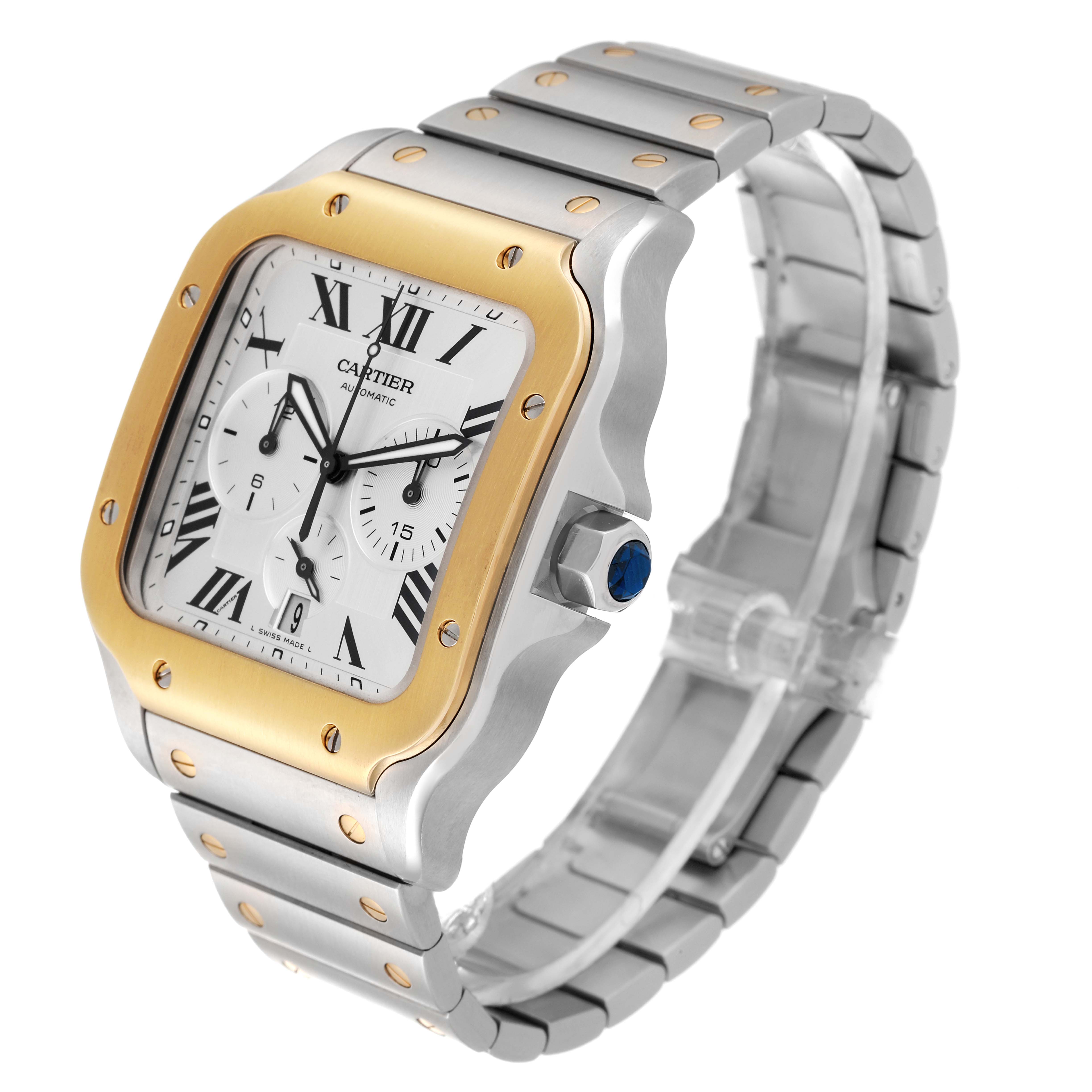 The image shows a three-quarter view of the Santos model by Cartier, highlighting its face, bezel, and metal bracelet band.