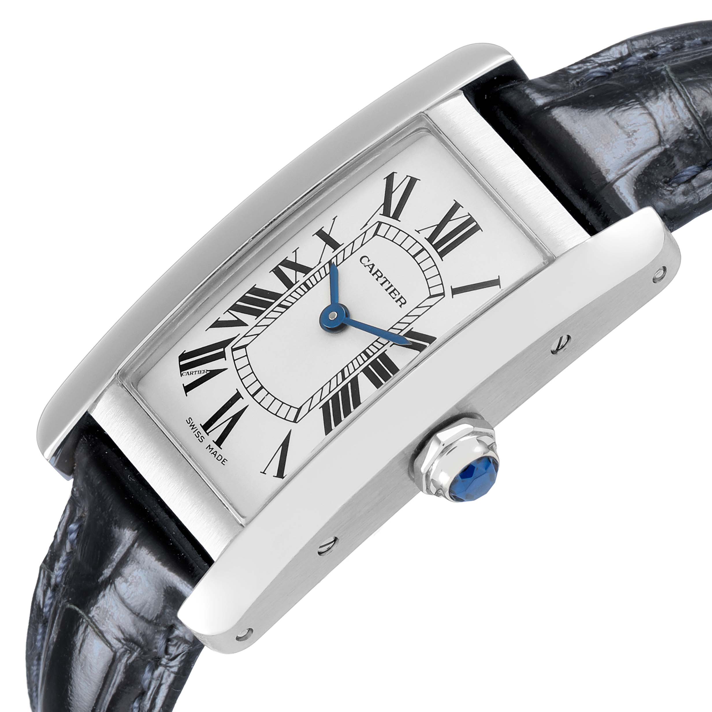 The Cartier Tank Américaine watch is shown at an angled top view, highlighting the face, crown, and strap connection.