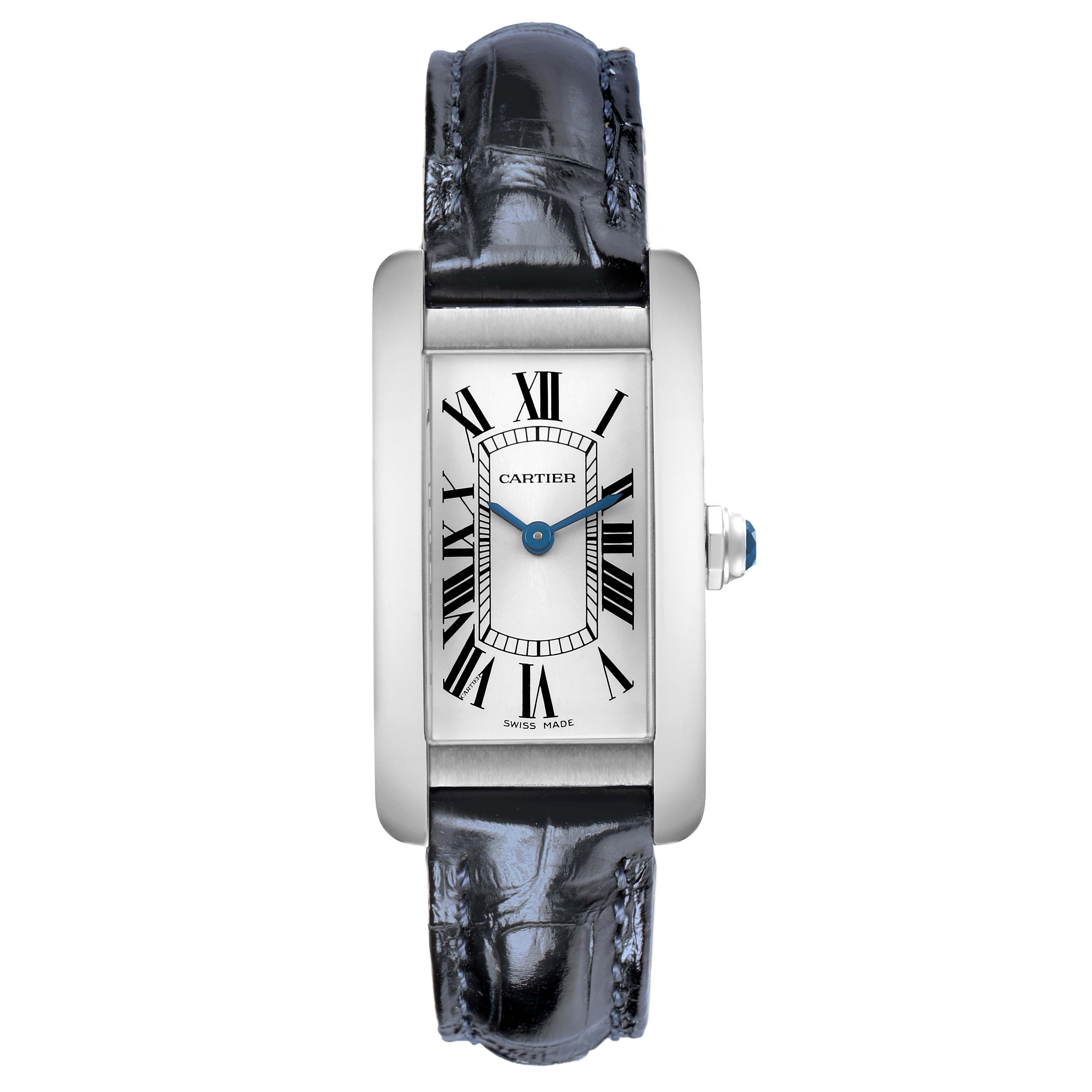 The Cartier Tank Américaine watch is shown from the front, displaying its rectangular face, Roman numerals, and leather strap.