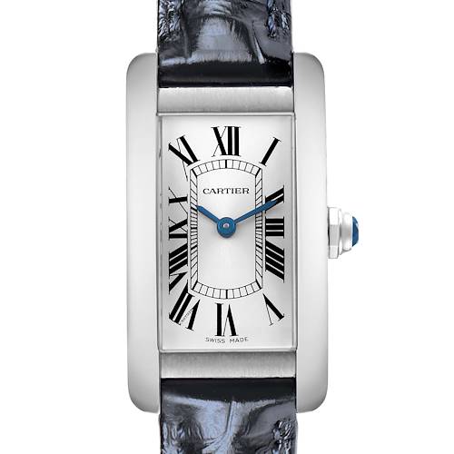 The Cartier Tank Americaine WSTA0016 Women's Stainless Steel Silver Dial watch is shown from the front, highlighting its rectangular case, dial with Roman numerals, and leather strap.