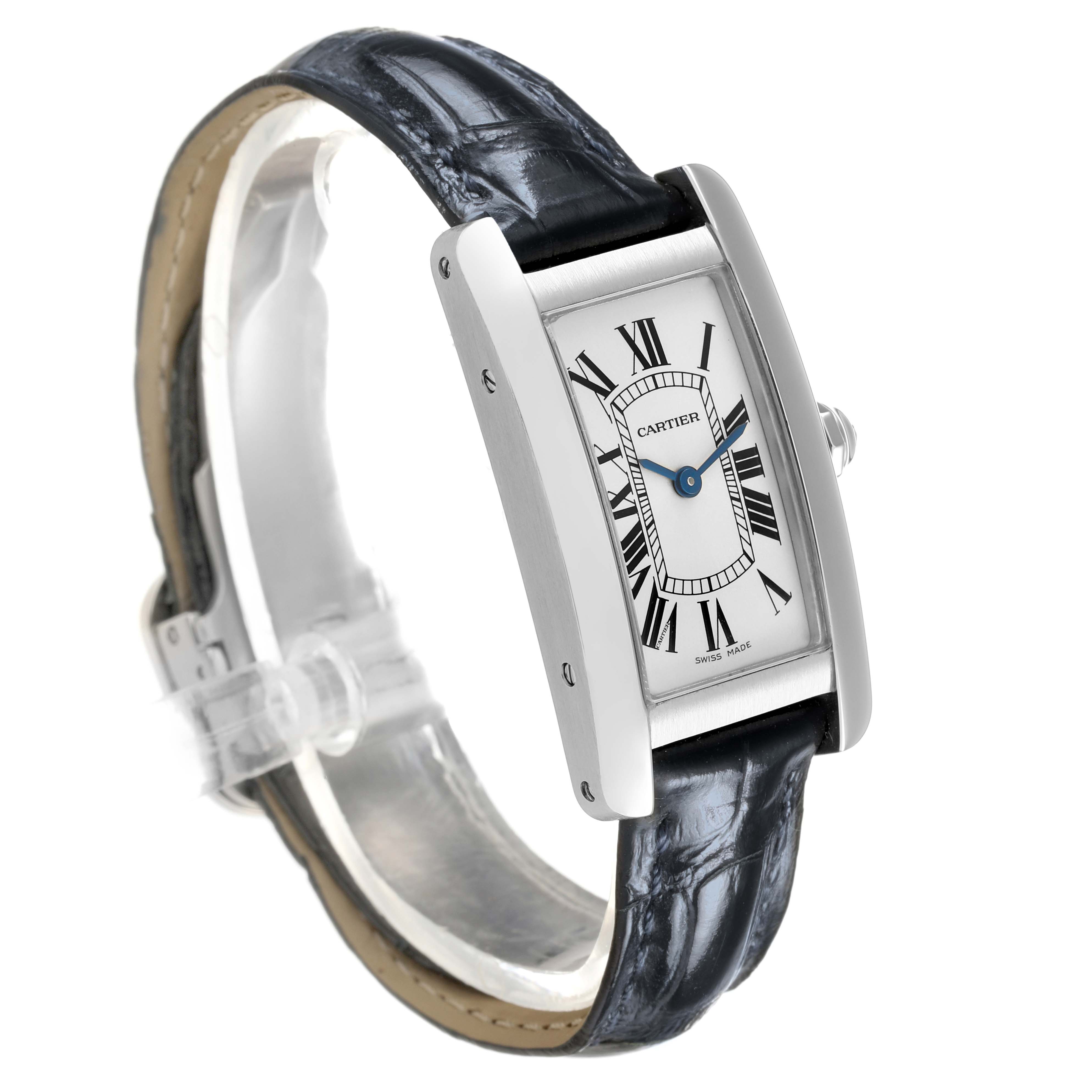 The Cartier Tank Americaine WSTA0016 Women's Stainless Steel Silver Dial watch is shown at an angled side view, highlighting the face, case, crown, and leather strap.