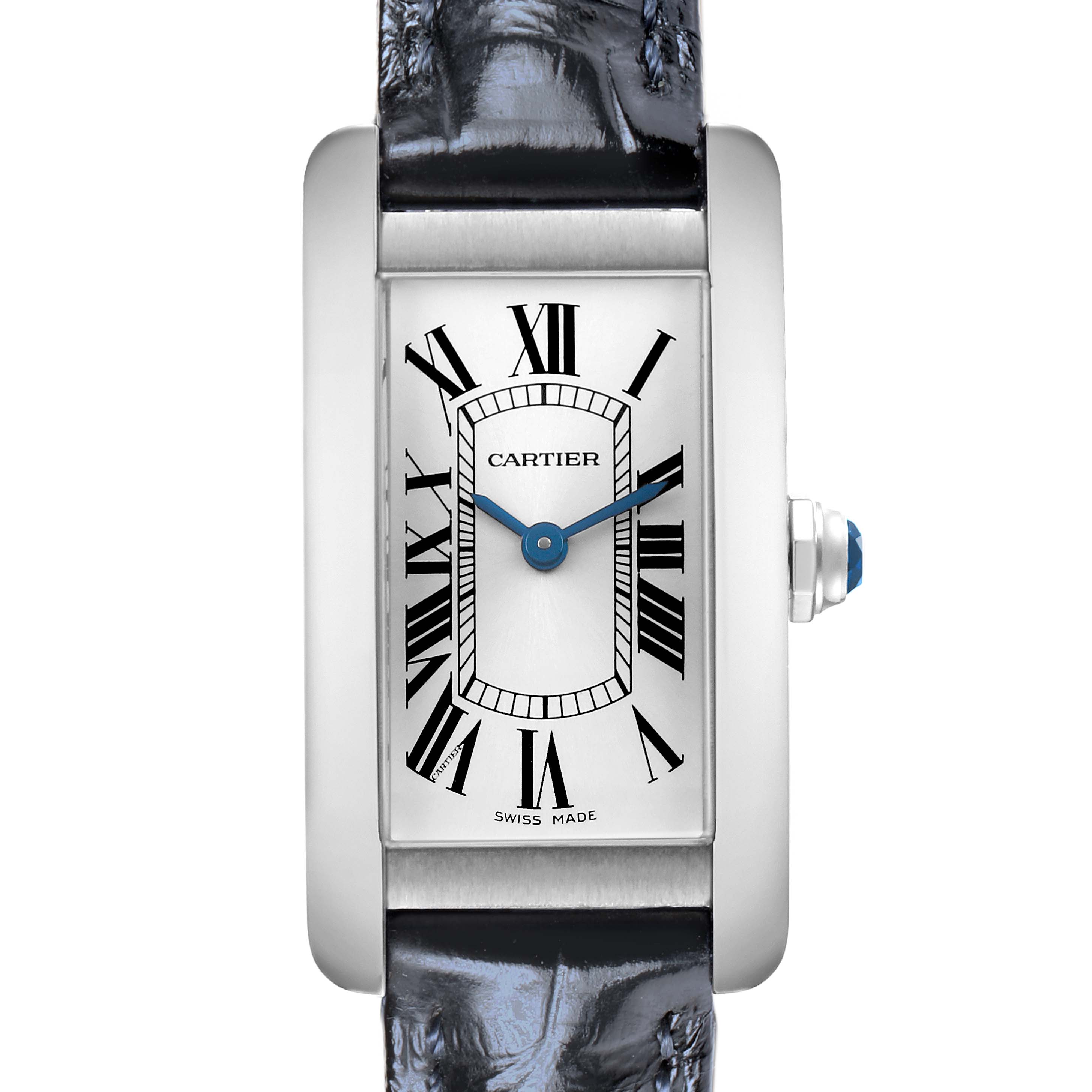 The Cartier Tank Américaine watch is shown from a top-down angle, highlighting its rectangular face and blue strap.