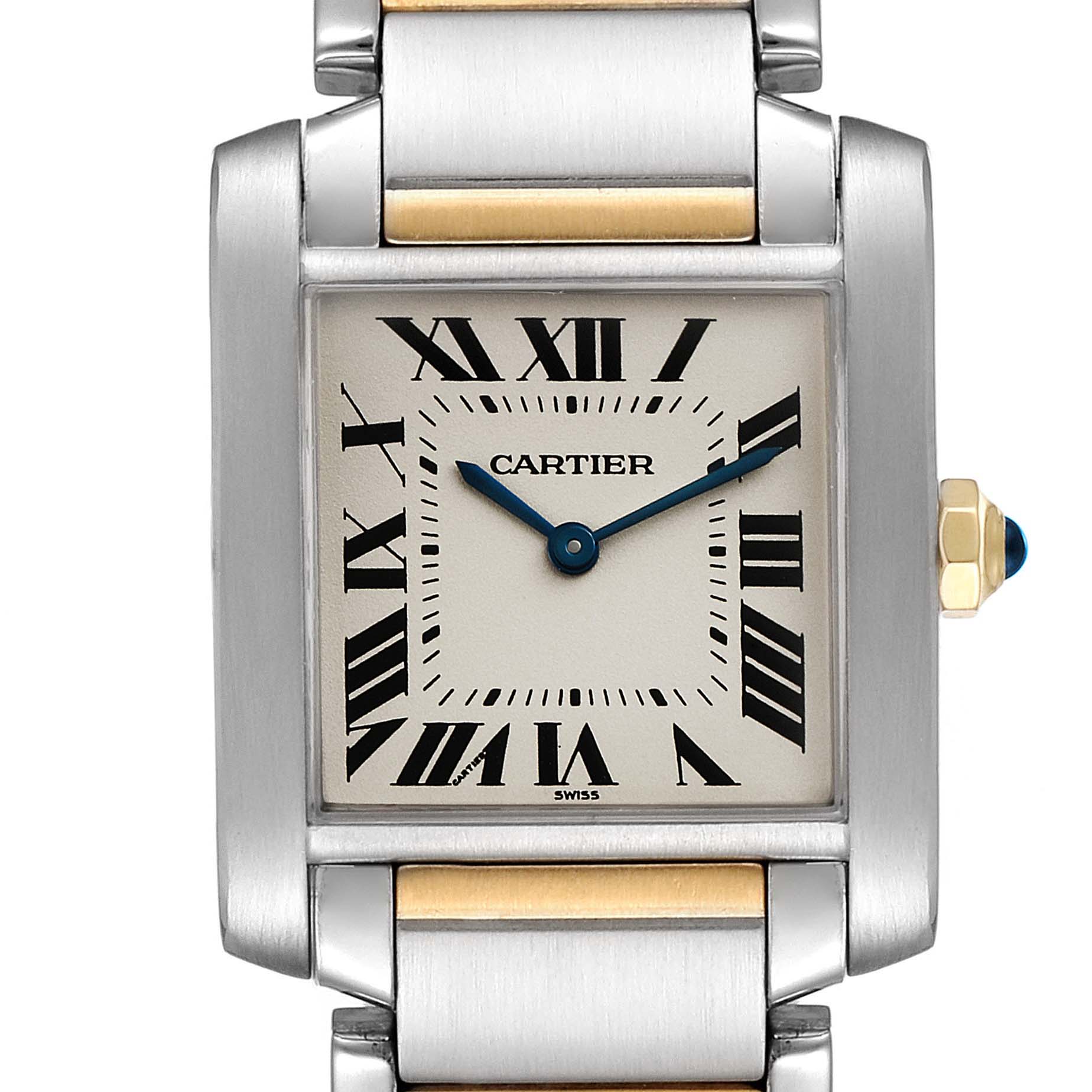 This image shows a front view of the watch face and links of the Cartier Tank Francaise W2TA0003 Women's Steel and Gold (two tone) Silver Dial W2TA0003 Women's Steel and Gold (two tone) Silver Dial model.