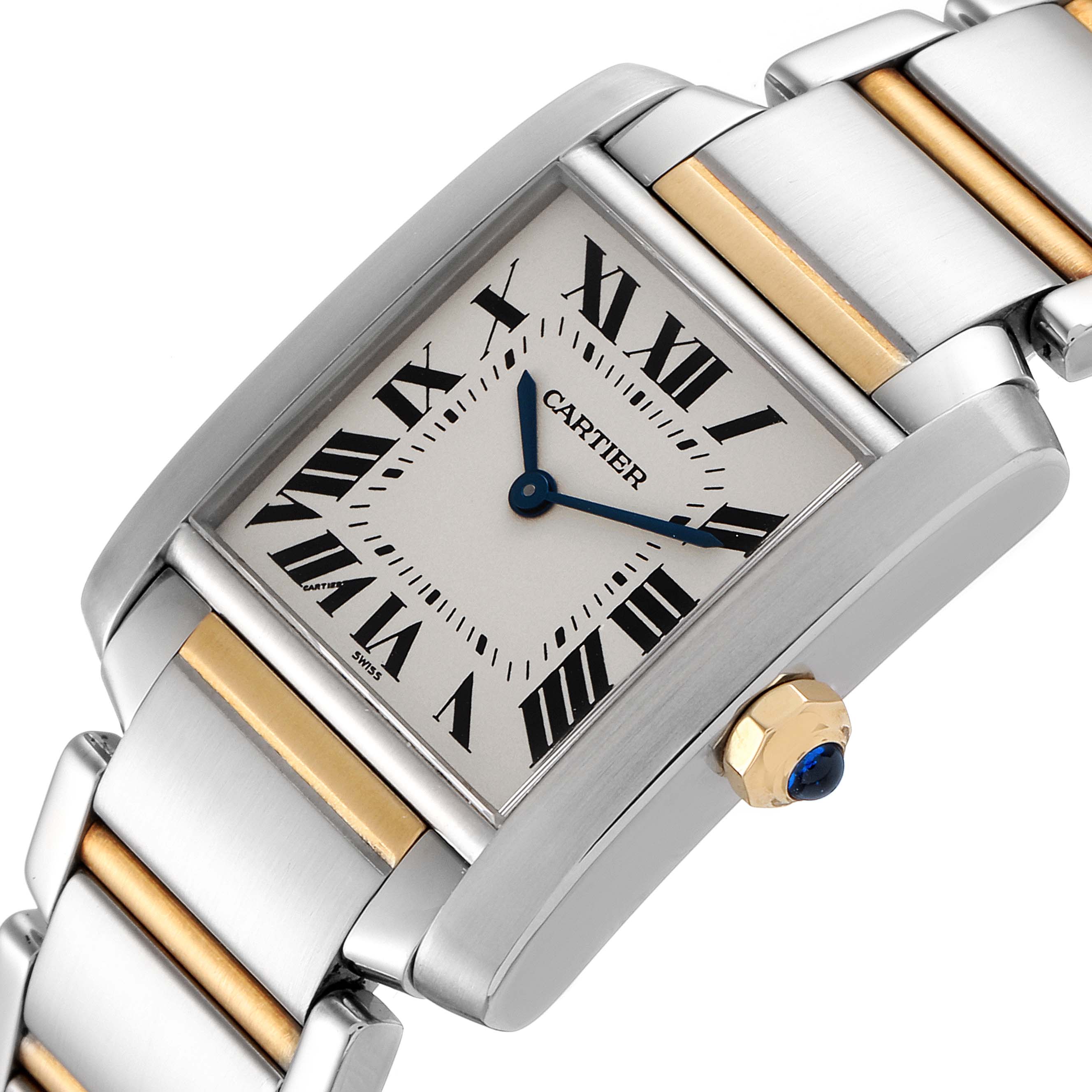 The image shows a Cartier Tank Francaise W2TA0003 Women's Steel and Gold (two tone) Silver Dial W2TA0003 Women's Steel and Gold (two tone) Silver Dial watch at a tilted angle, focusing on the rectangular face, Roman numerals, and part of the metal bracelet.